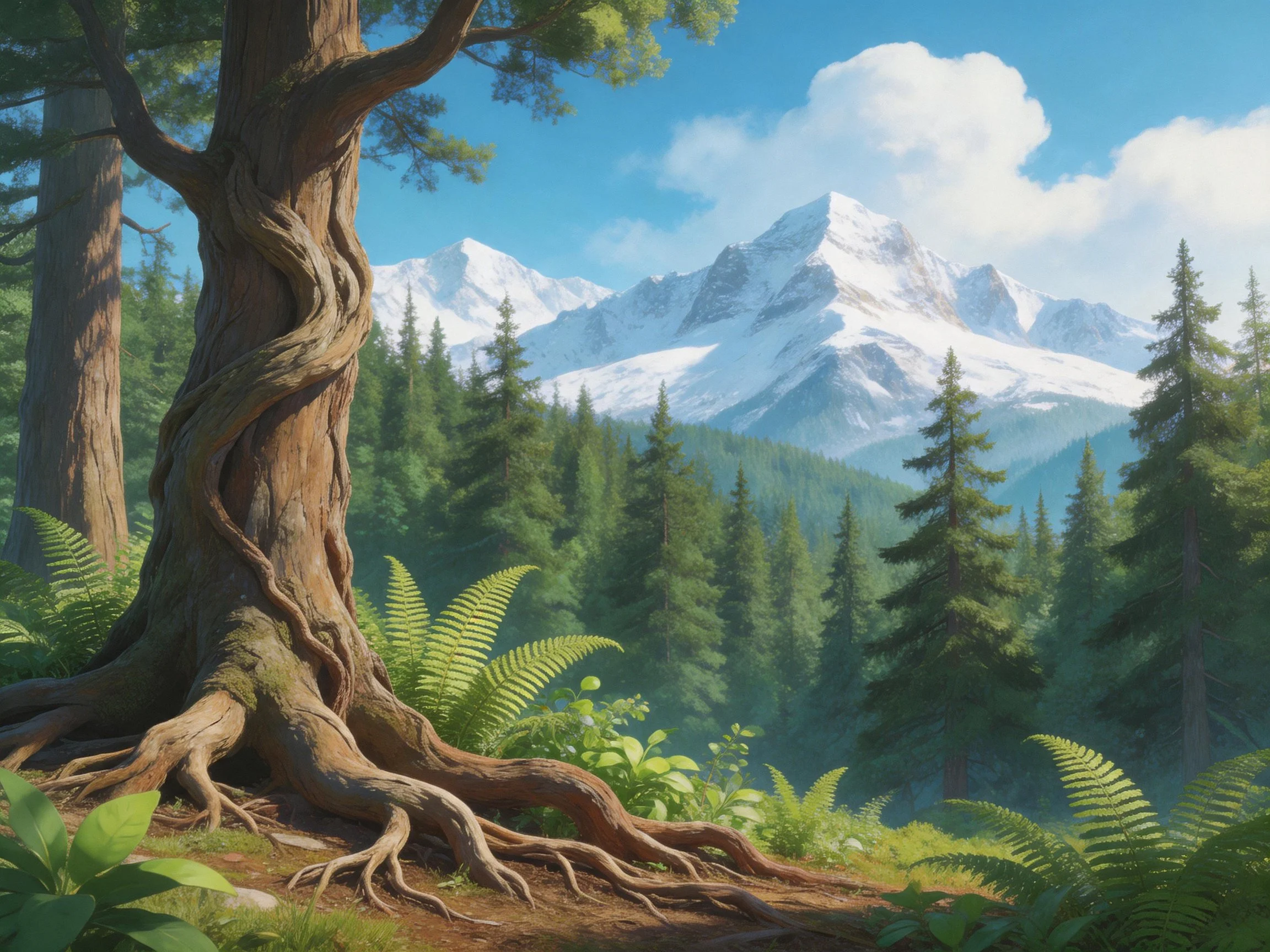 Gnarled ancient tree in lush forest with snow-capped mountains
