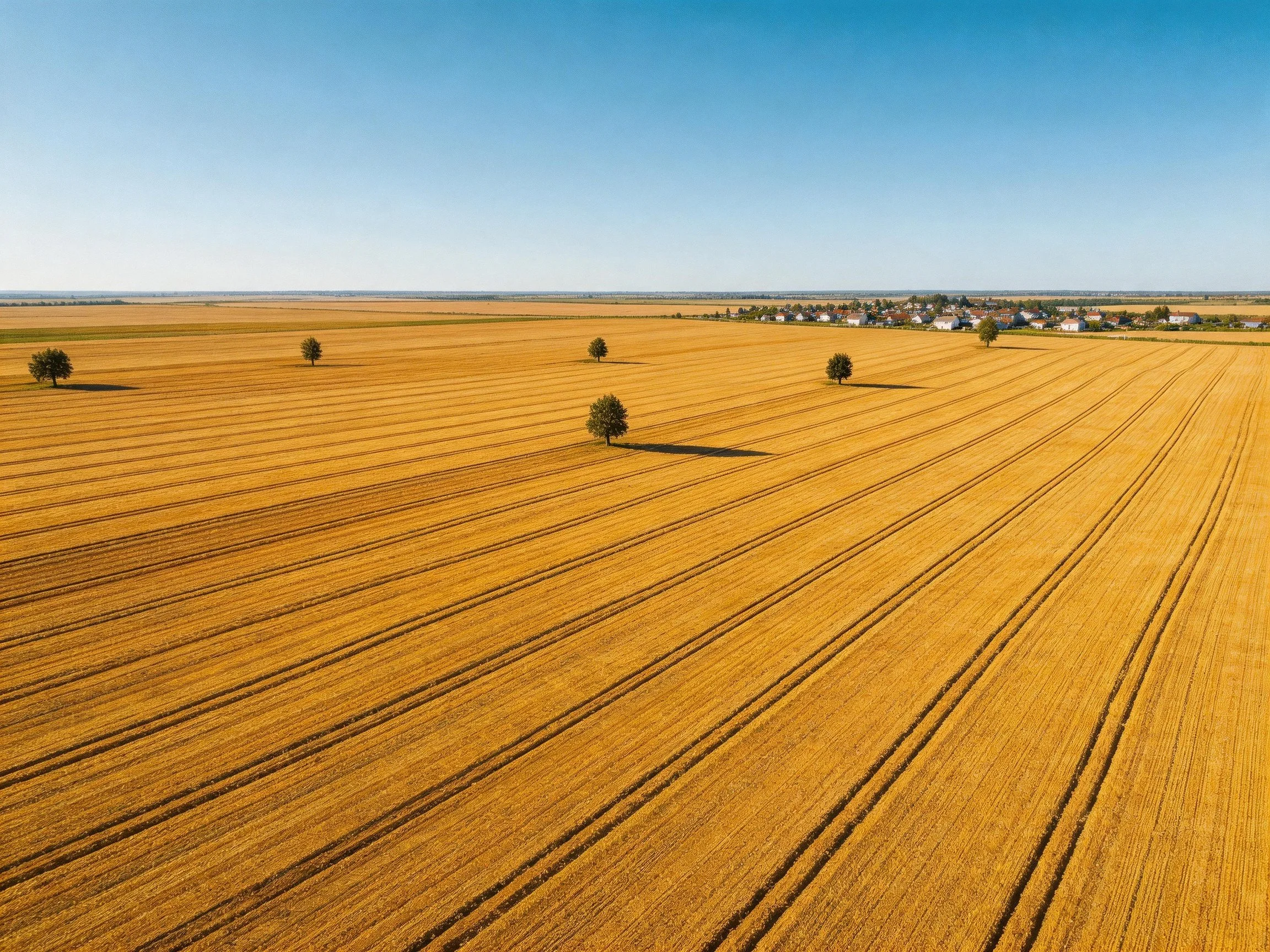 Golden Agricultural Field with Scattered Trees and Distant Village