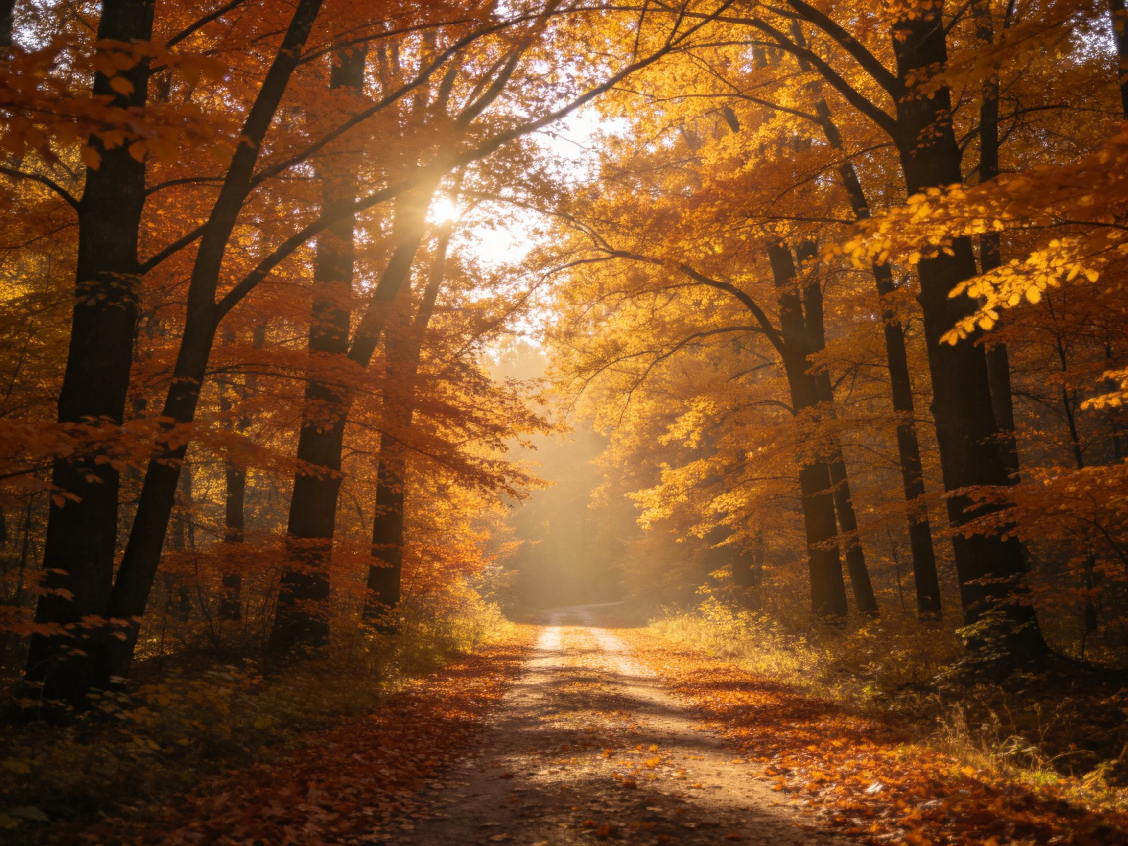 Golden Autumn Forest Path with Sunlight Streaming Through Tall Trees