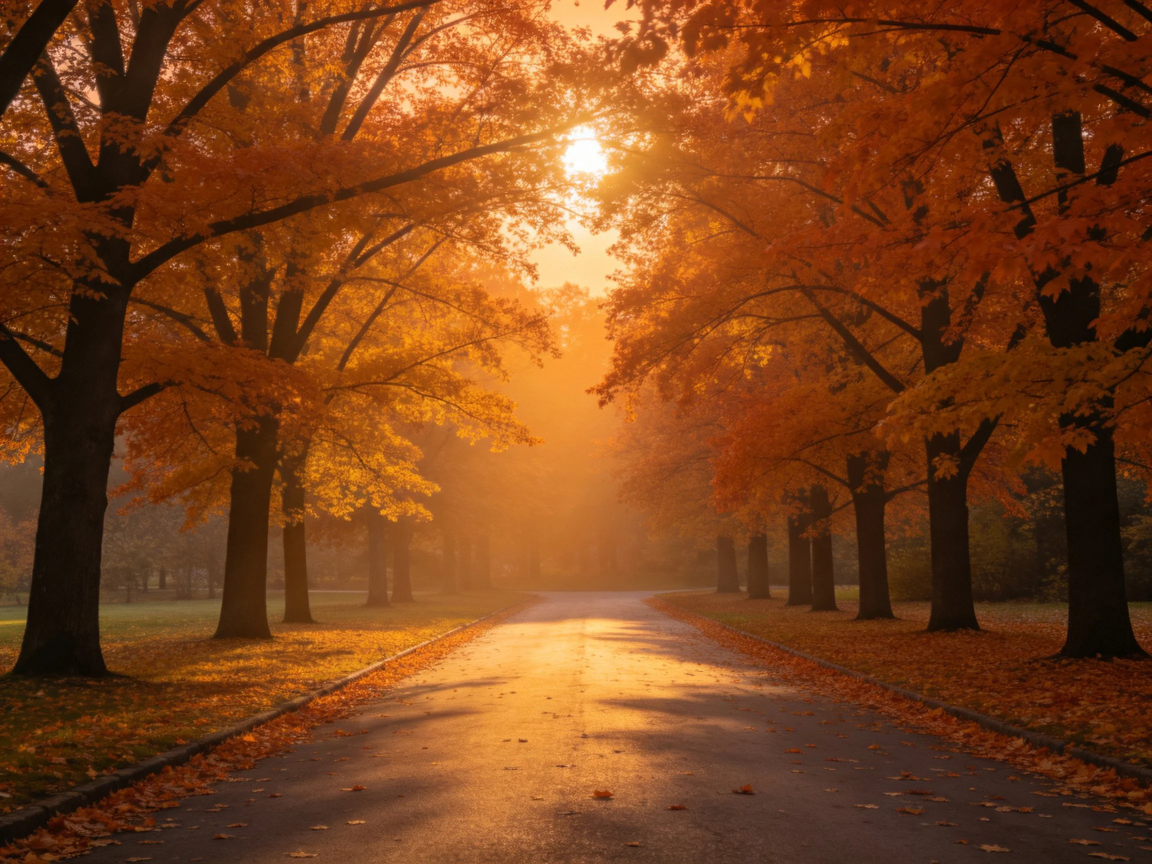 Golden Autumn Pathway with Orange-Hued Trees and Sunlight
