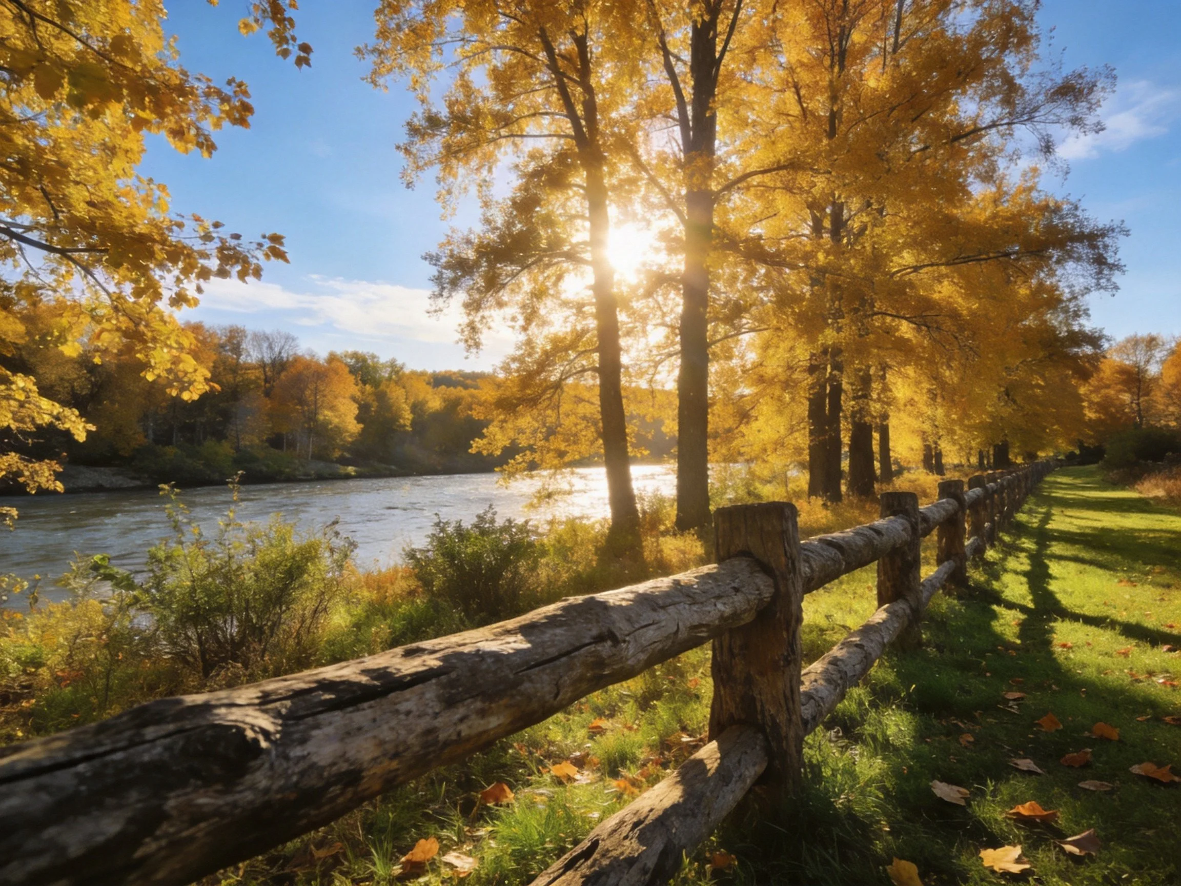 Golden Autumn Trees by a Sunlit River with Wooden Fence