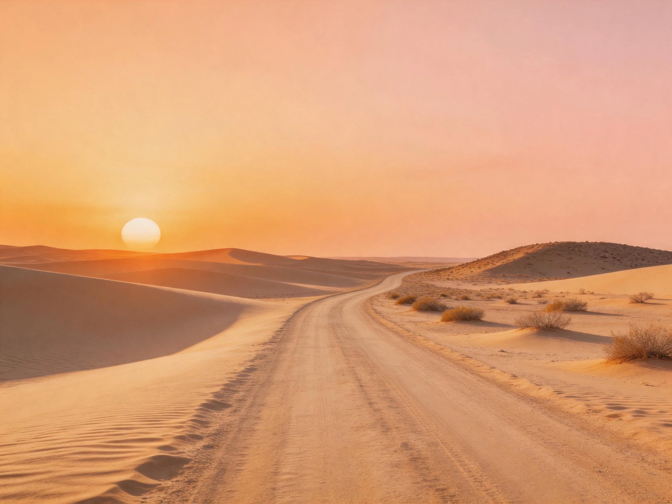 Golden Desert Dunes with Winding Dirt Road at Sunset