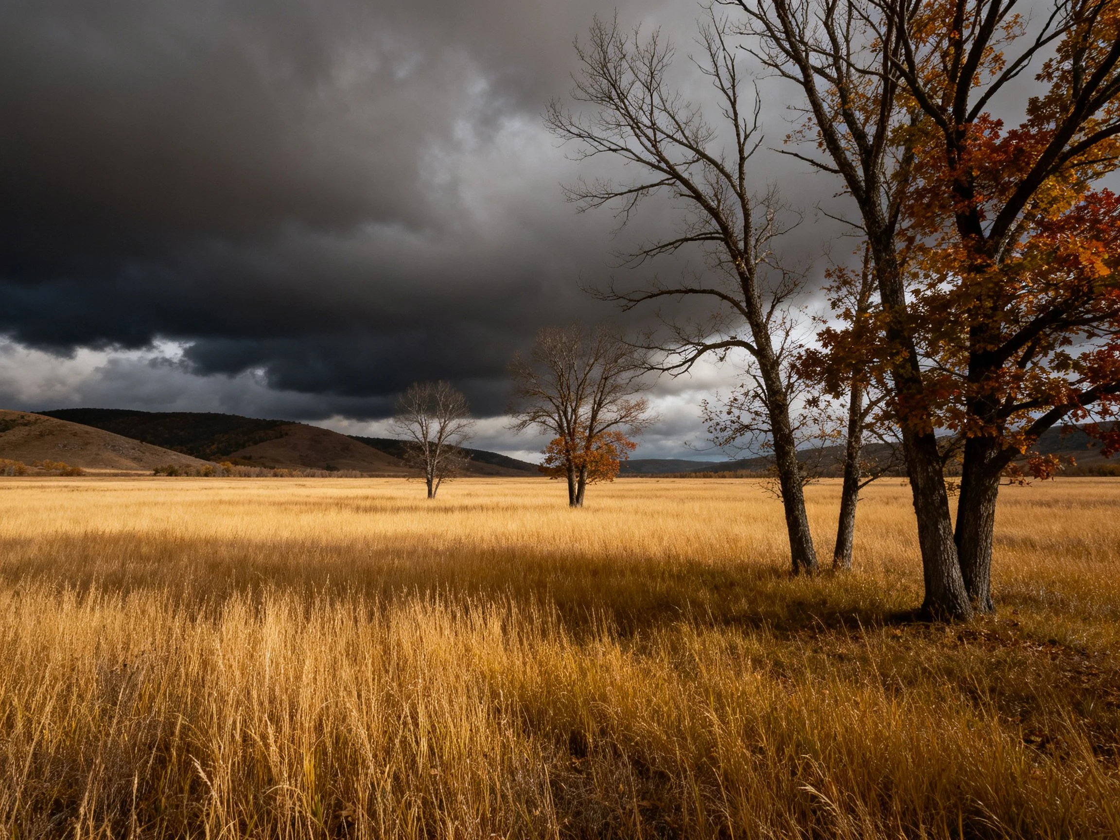 Golden Field with Autumn Trees Under Dark Stormy Sky