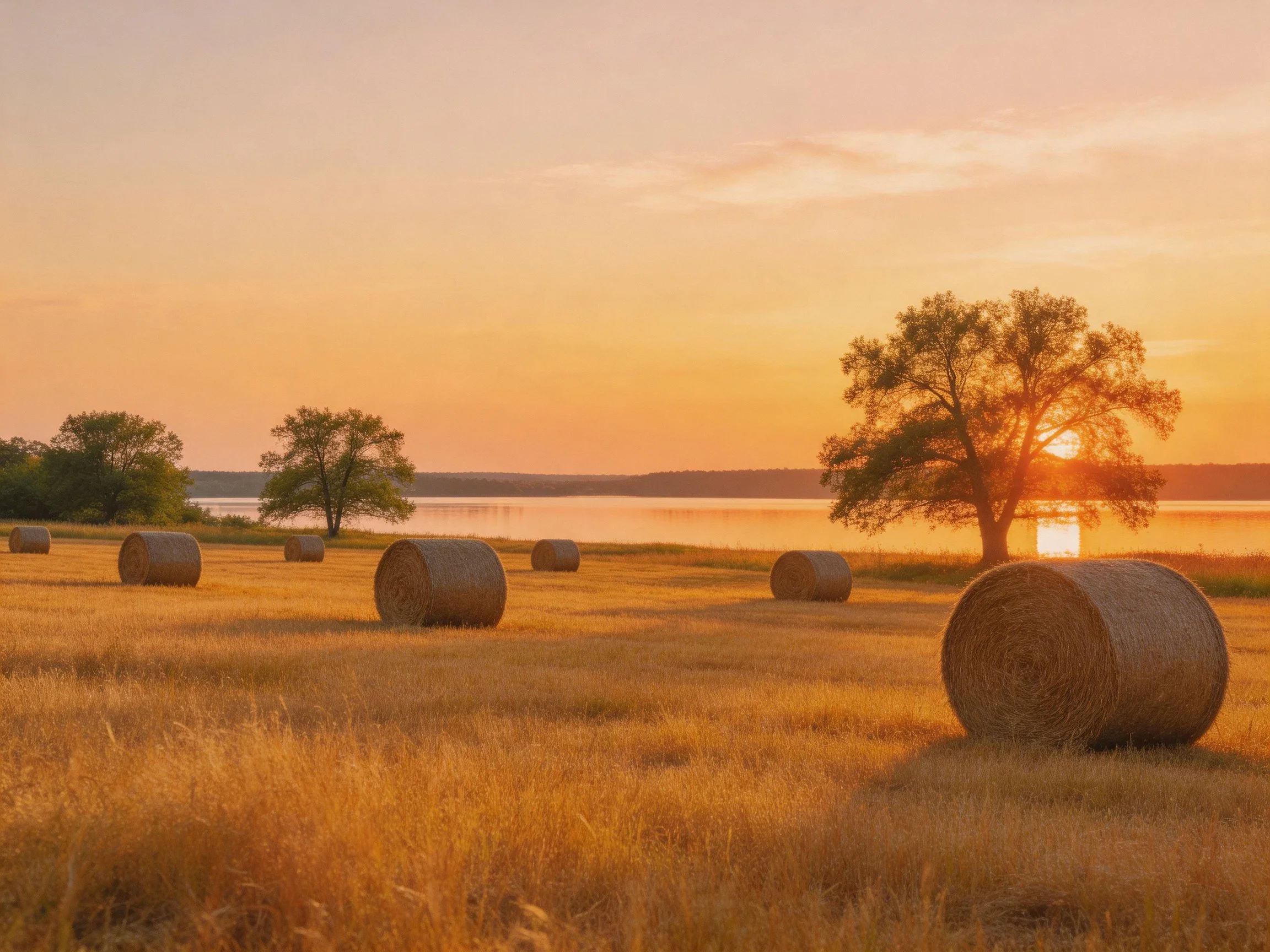 Golden Field with Hay Bales by Lake at Sunset