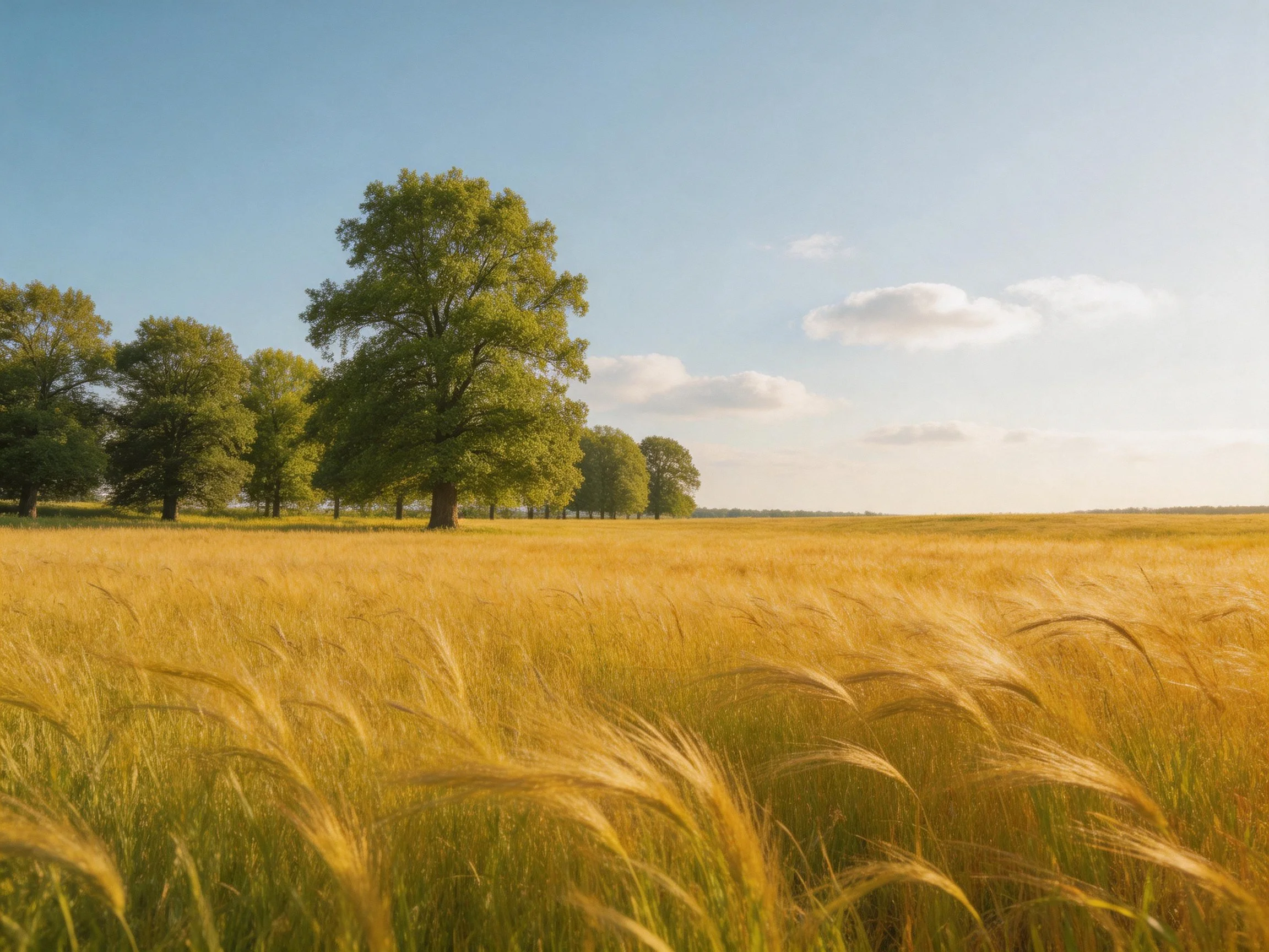 Golden Field with Lush Green Trees Under Clear Blue Sky