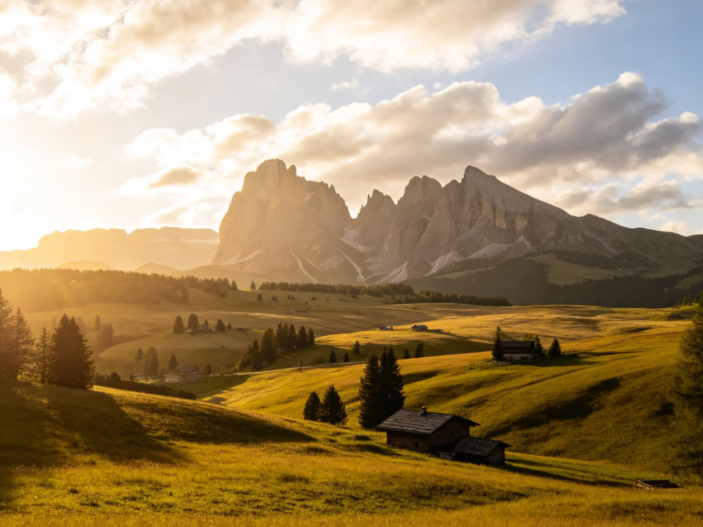 Golden Fields, Majestic Mountain Peaks, and Rustic Cabins Under Sunset