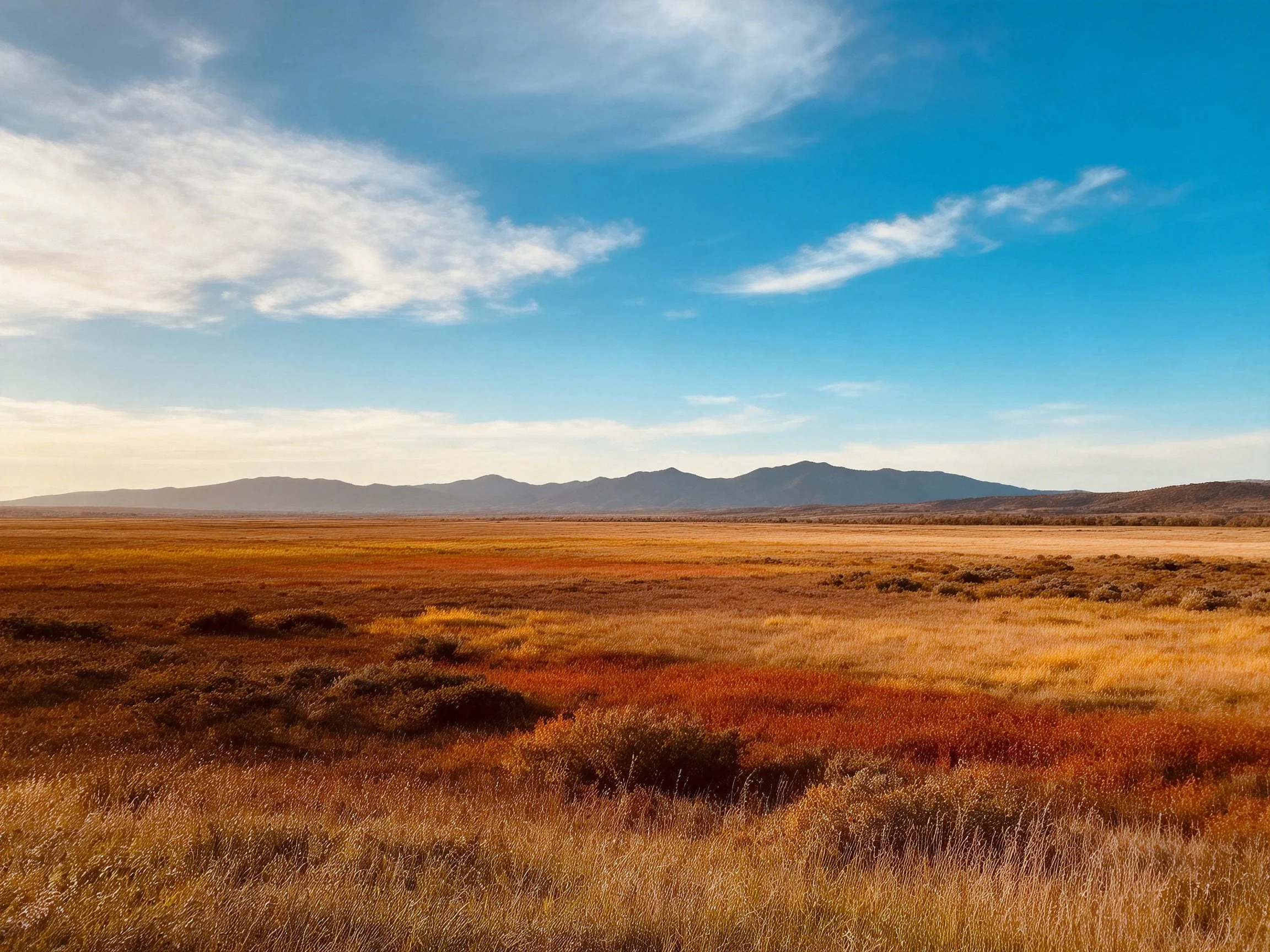 Golden Fields Meet Blue Sky With Distant Mountain Range