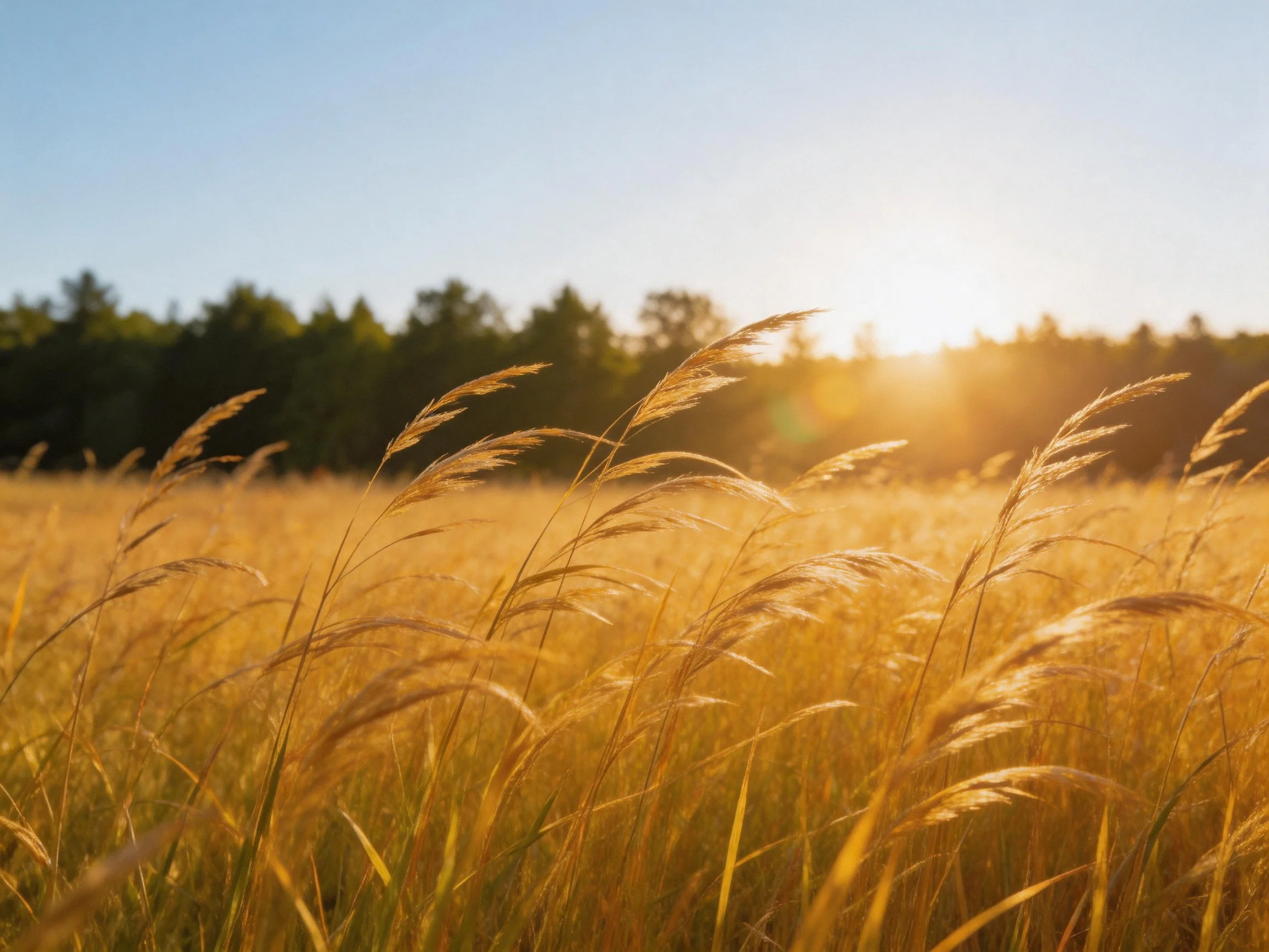 Golden Grasses in a Sunlit Field Near Distant Trees