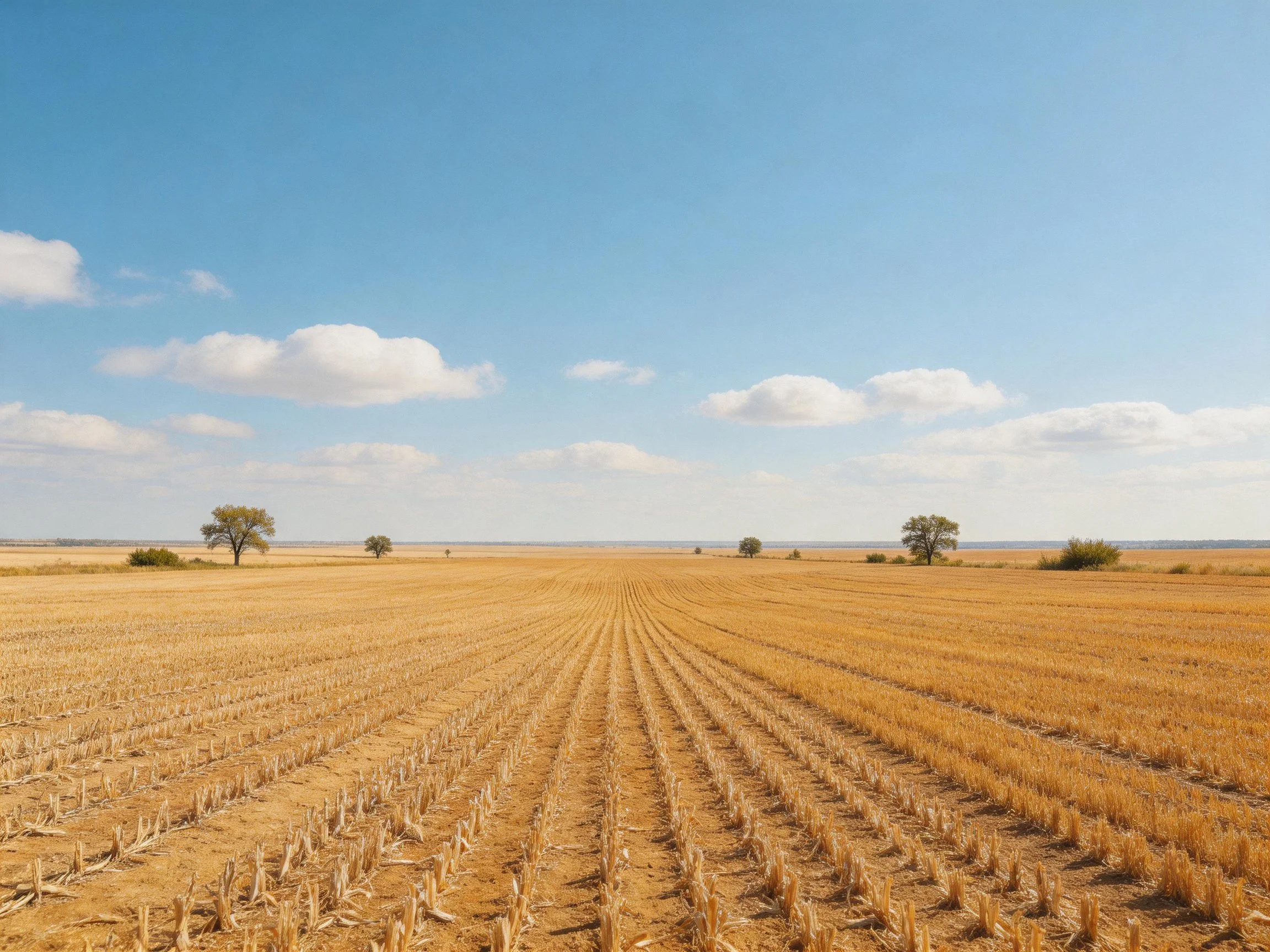 Golden Harvest Field Under Bright Blue Sky With Scattered Trees