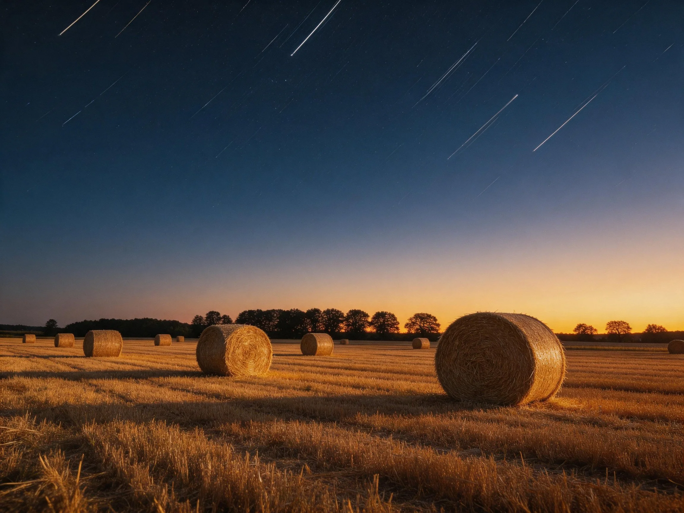 Golden Hay Bales Under Star Trails at Dusk