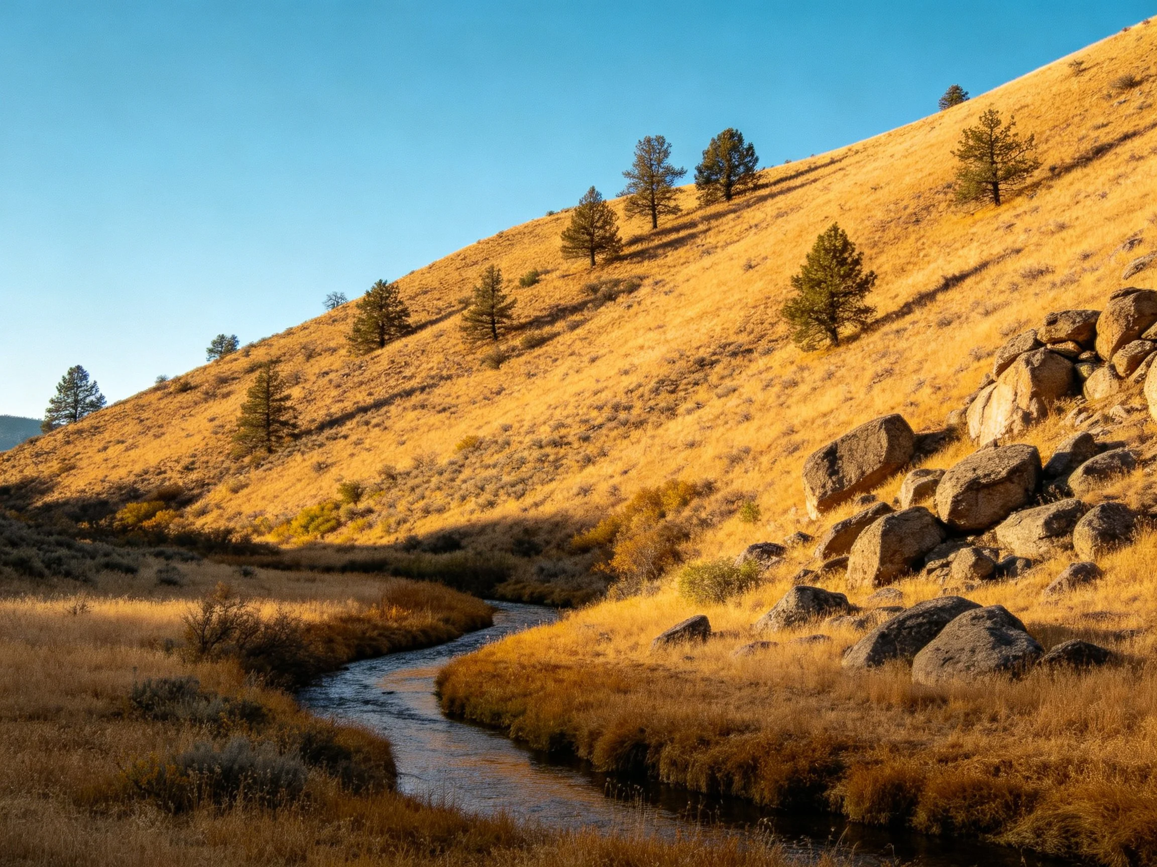 Golden Hillside with Pine Trees and Rock Formation Near Stream