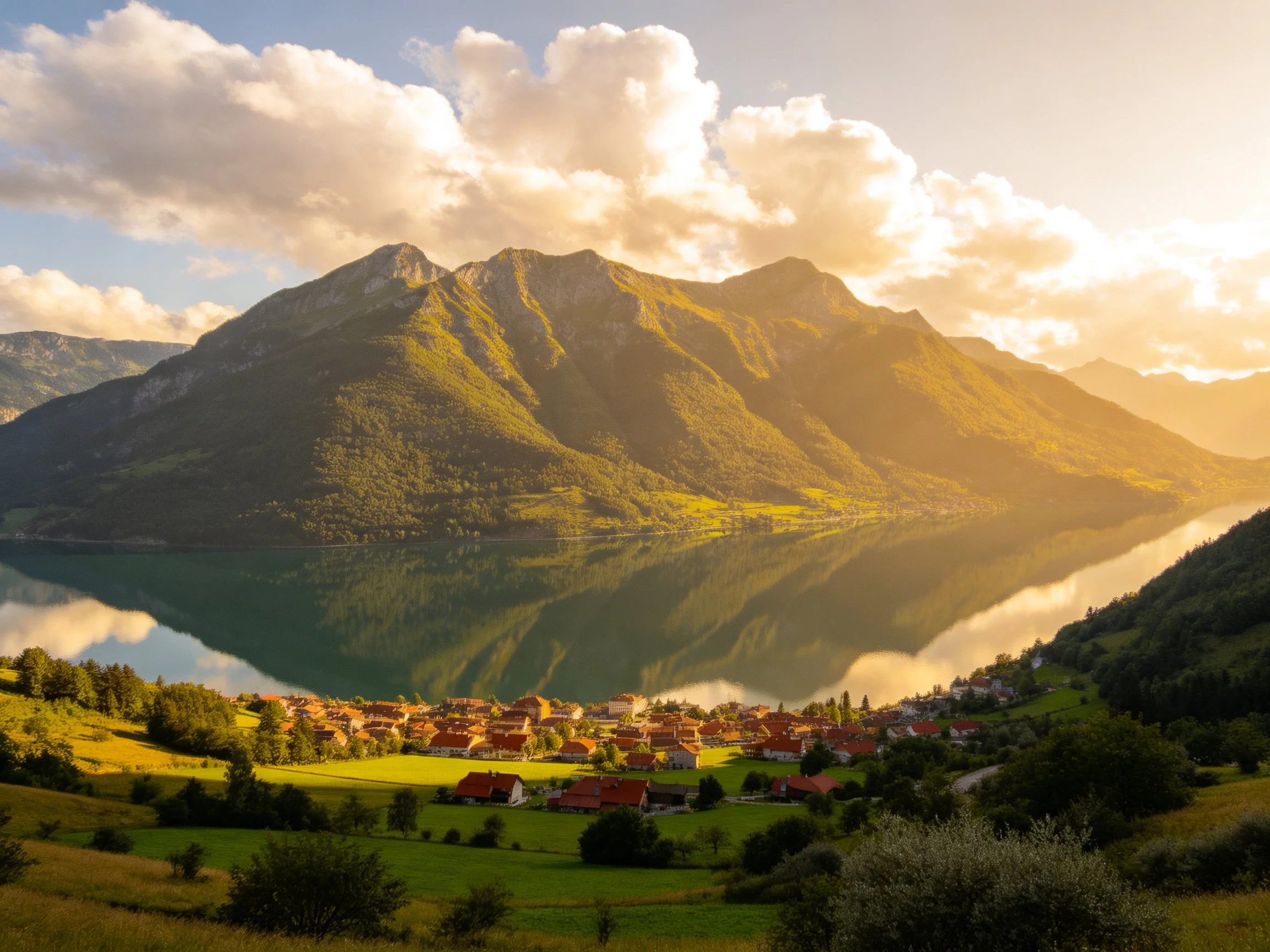 Golden Hour Mountain Lake Reflects Over Red-Roofed Village