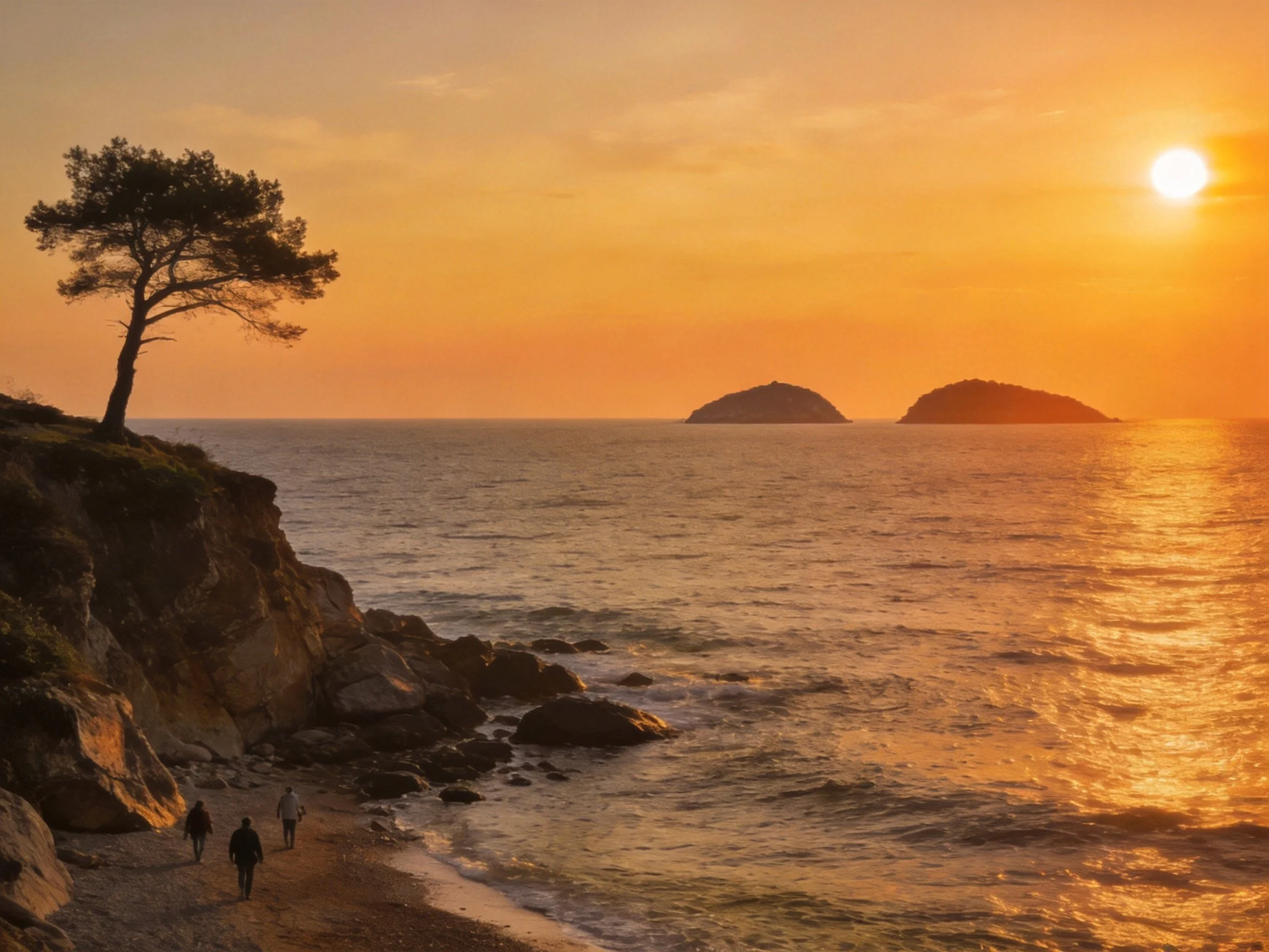 Golden-Hued Coastal Sunset with Cliffside Tree and Islands