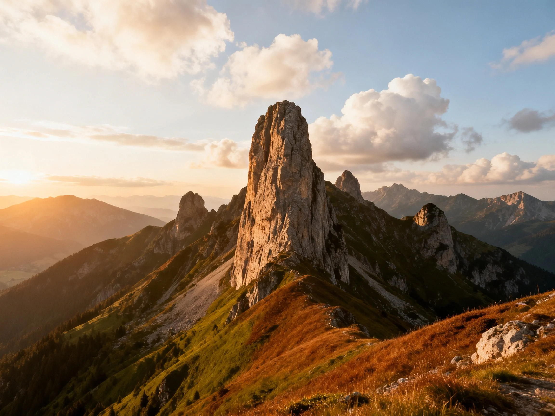 Golden-Hued Sunset Highlighting Towering Rock Peak