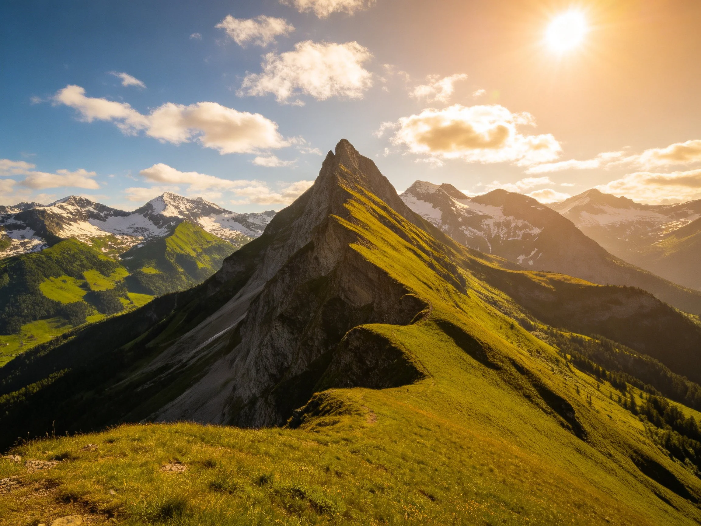 Golden-Lit Mountain Ridge with Green Slopes