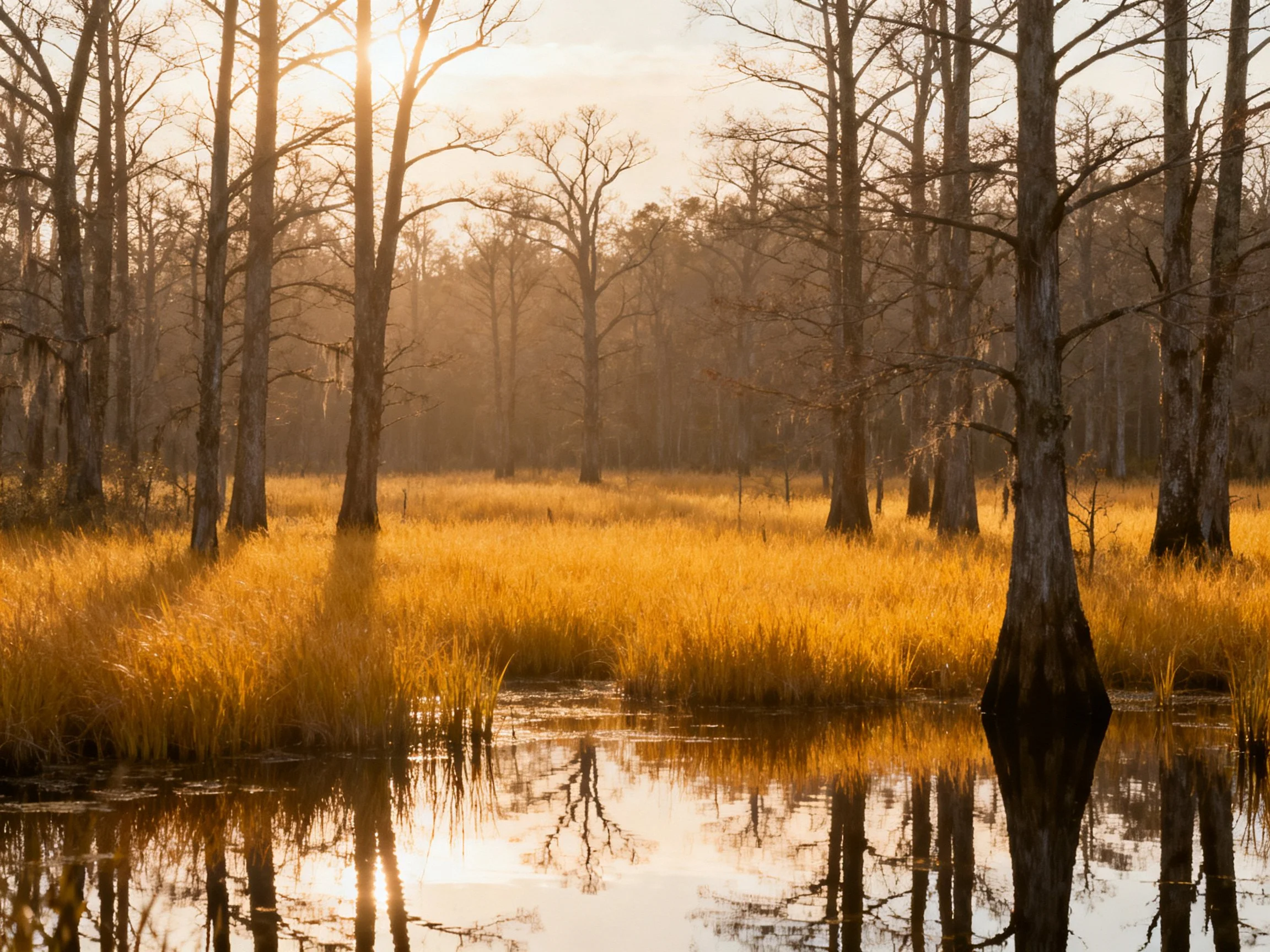 Golden Marshland with Tall Bare Trees and Reflective Water