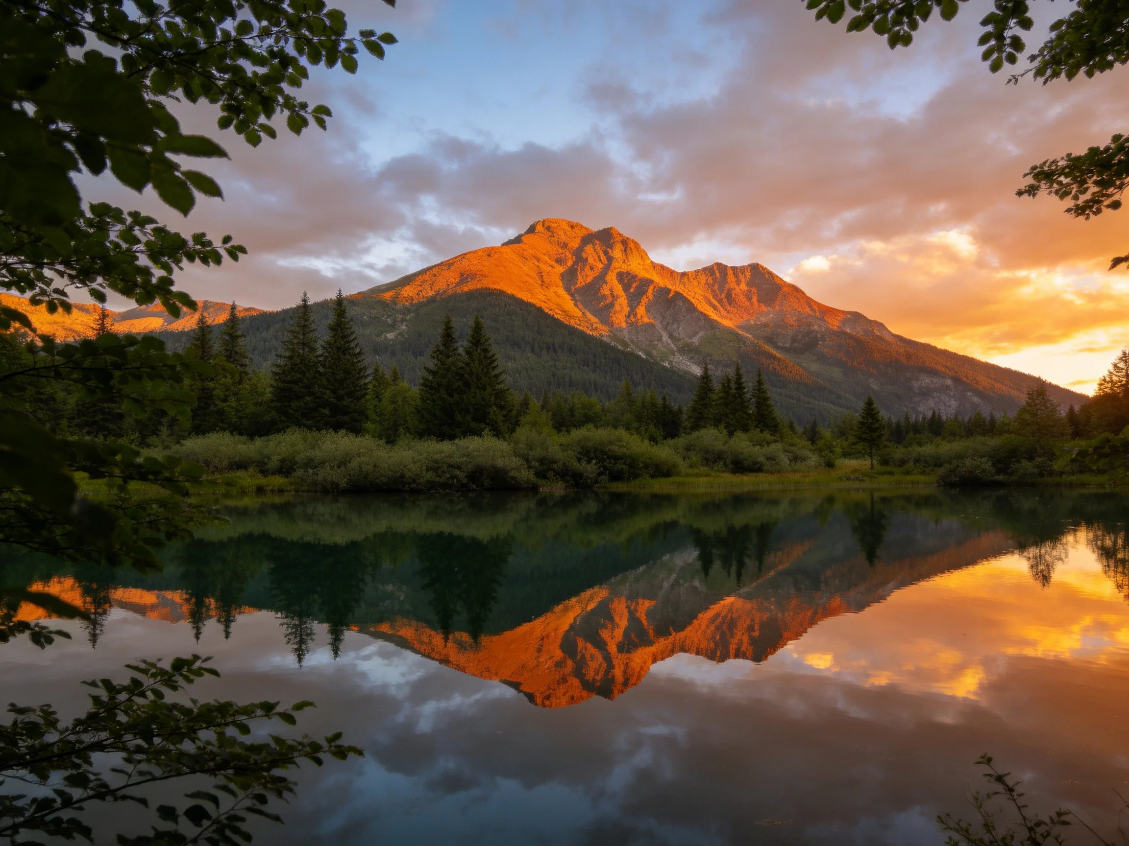 Golden Mountain Sunset Reflecting in Calm Lake