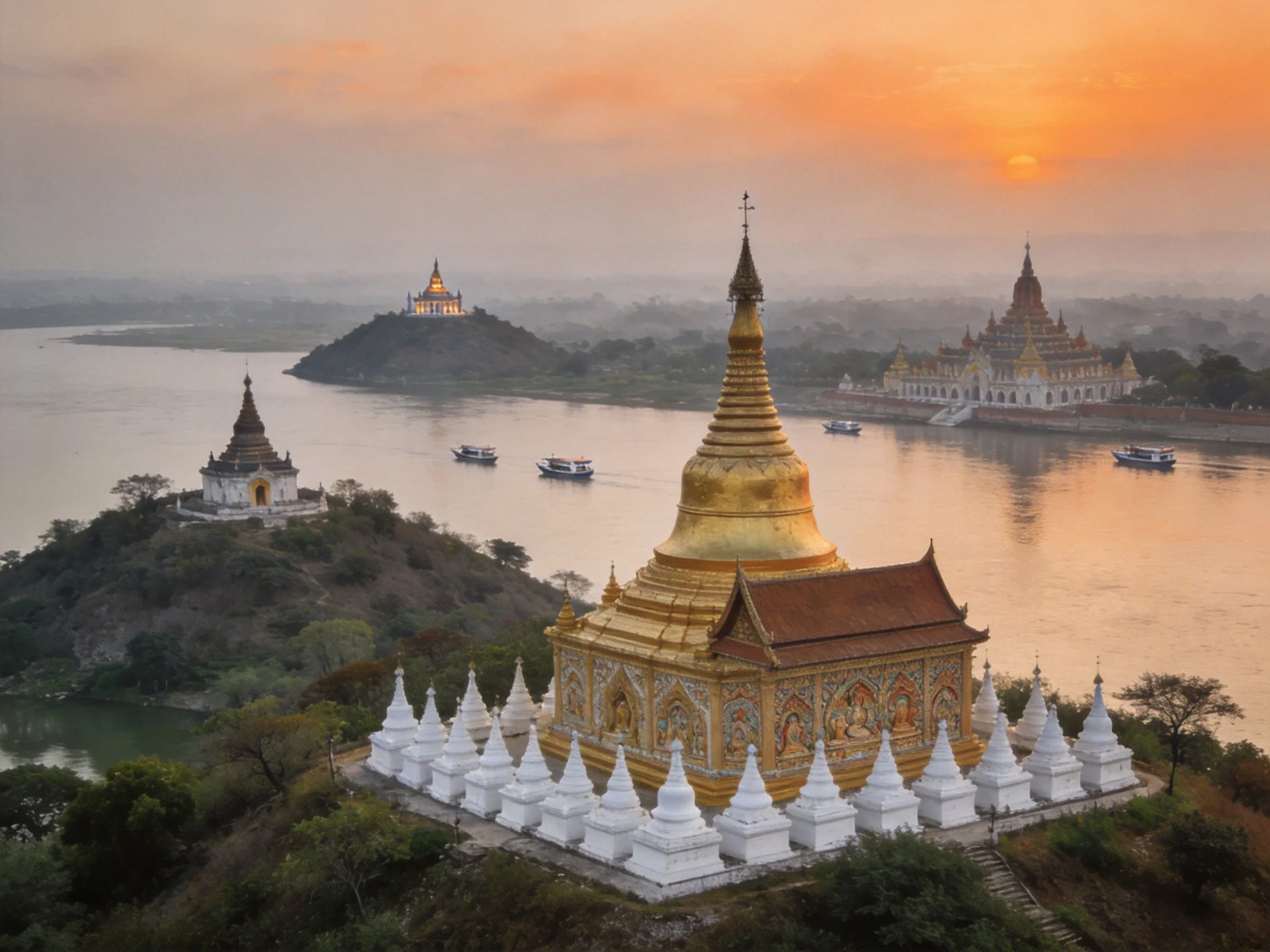 Golden Pagodas and Temples Along a River at Sunset