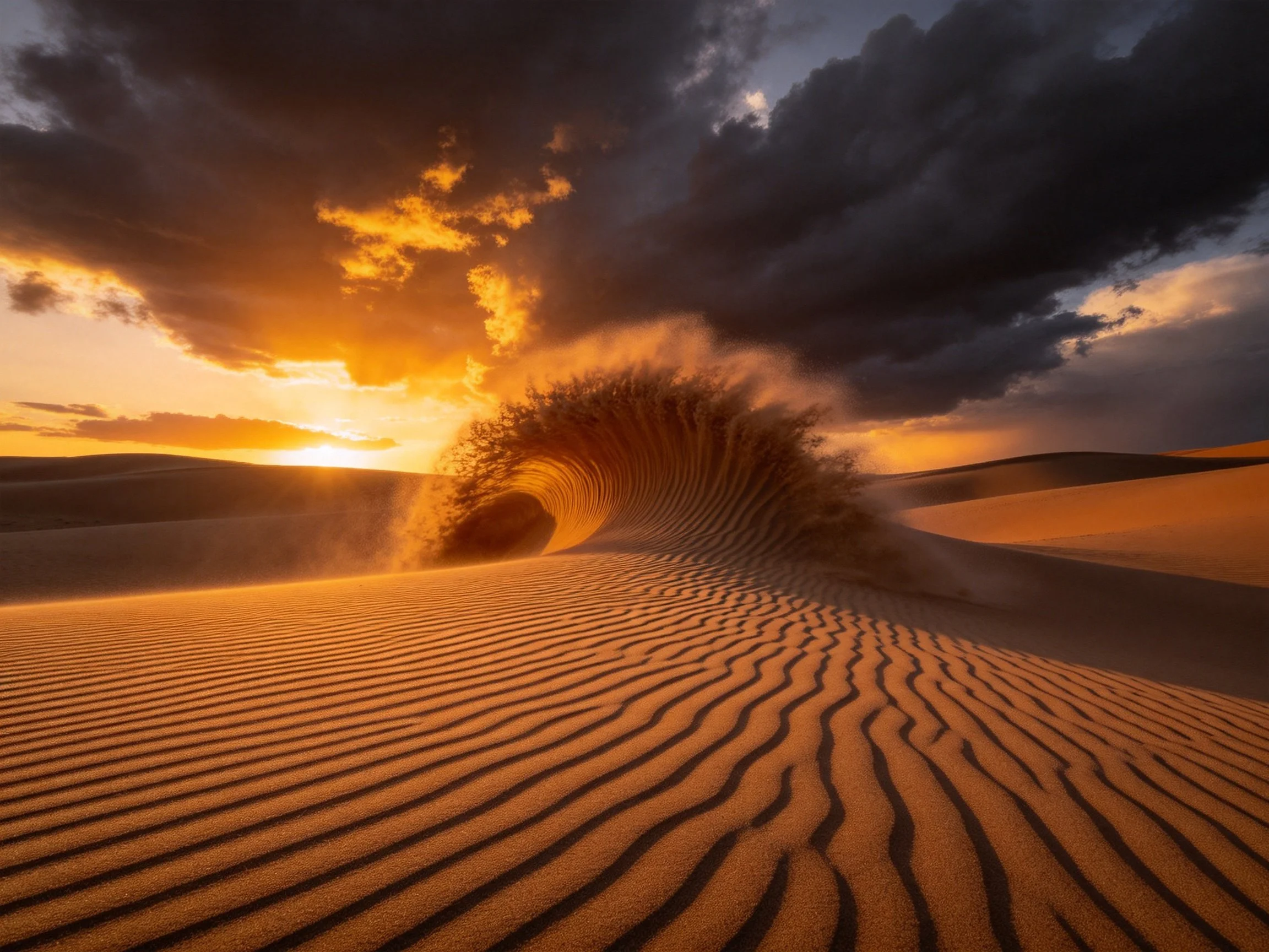 Golden Sand Dunes Shaped Like Waves Under Dramatic Skies