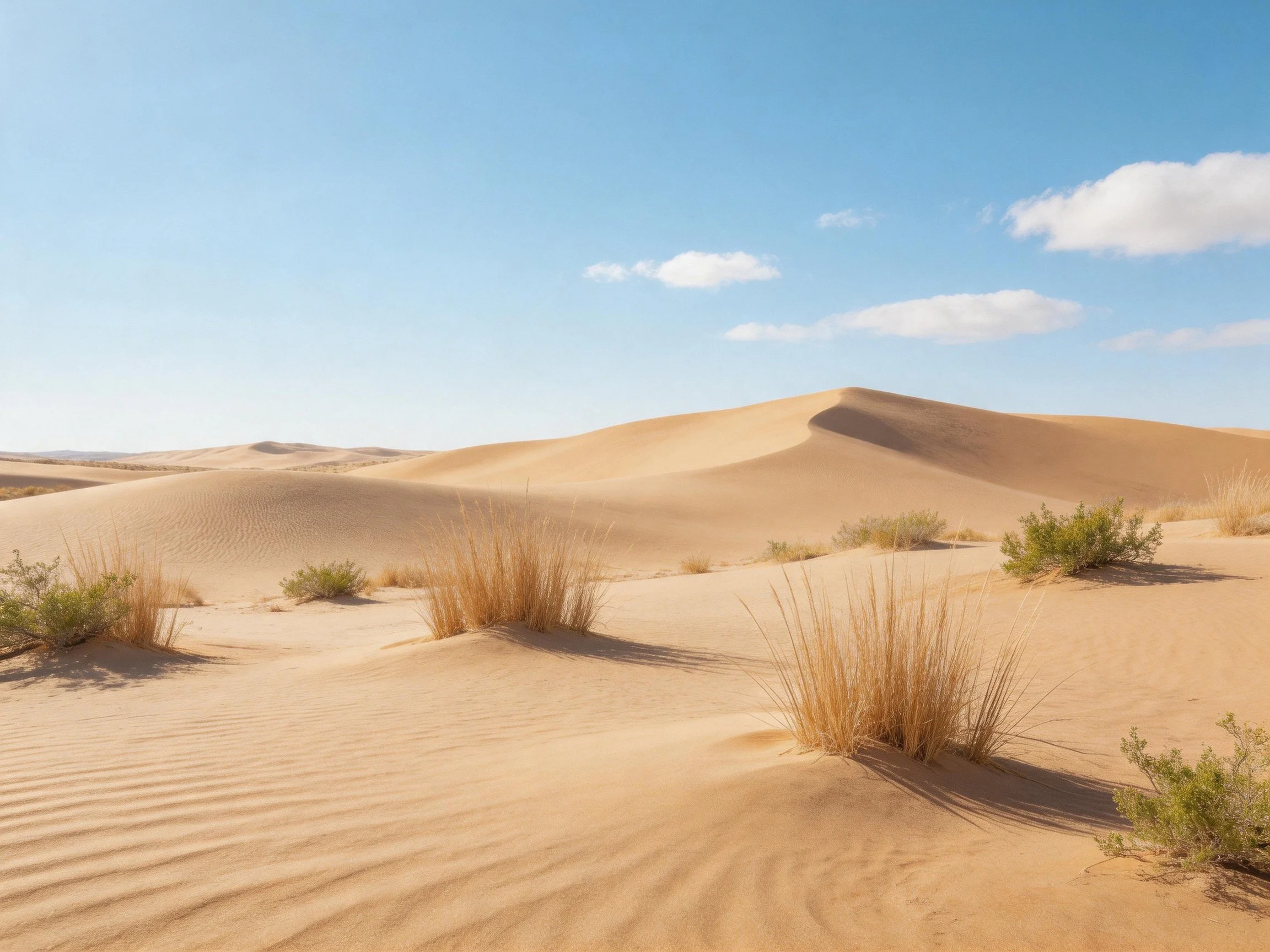 Golden Sand Dunes Under Bright Blue Sky With Sparse Vegetation