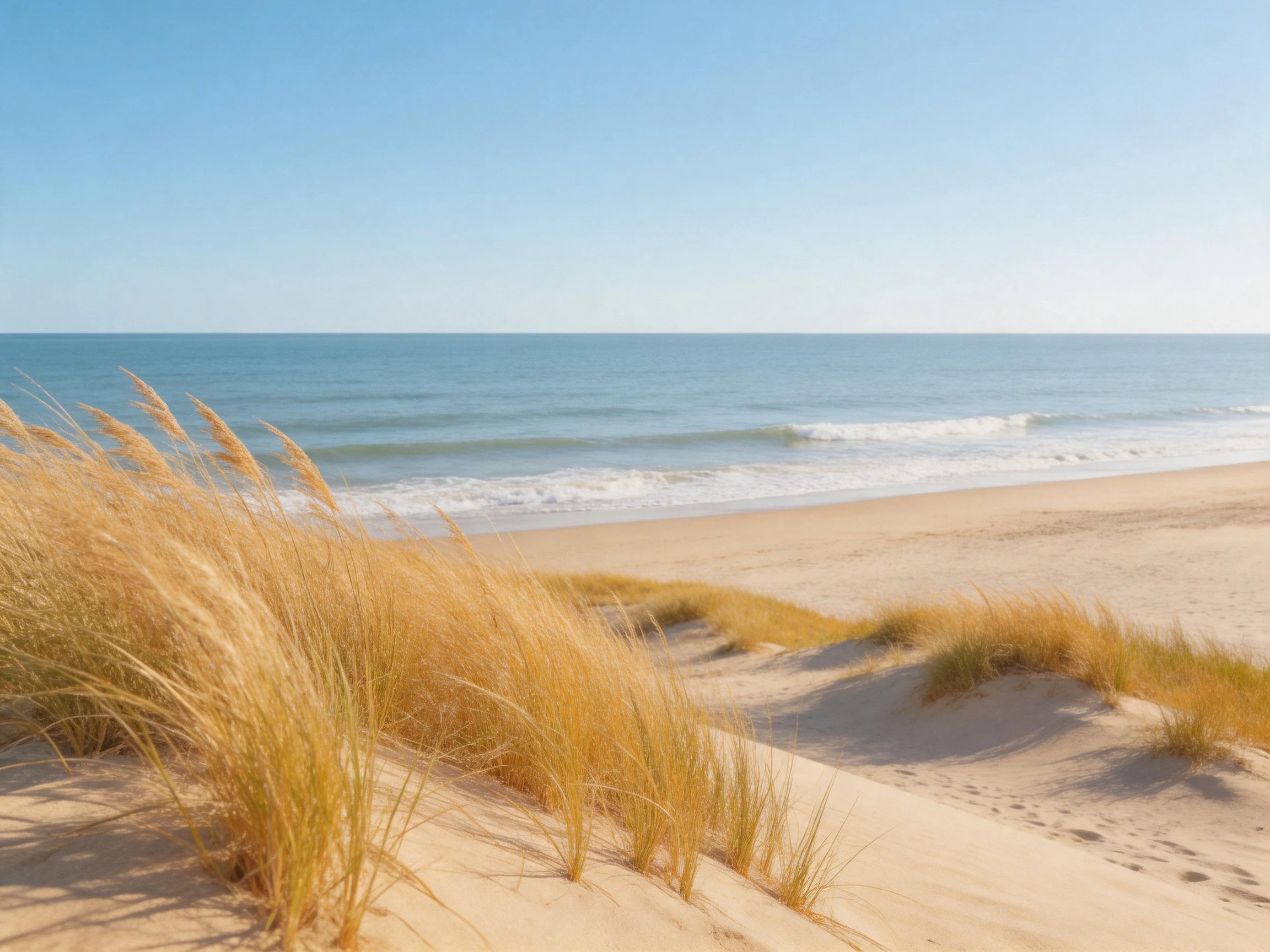 Golden Sand Dunes with Tall Grasses Near a Calm Ocean