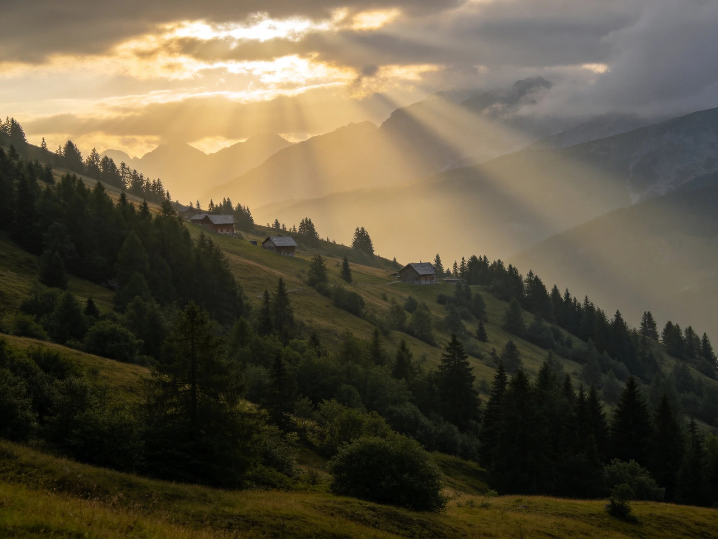 Golden Sunbeams Over Mountain Valley with Forests and Cabins