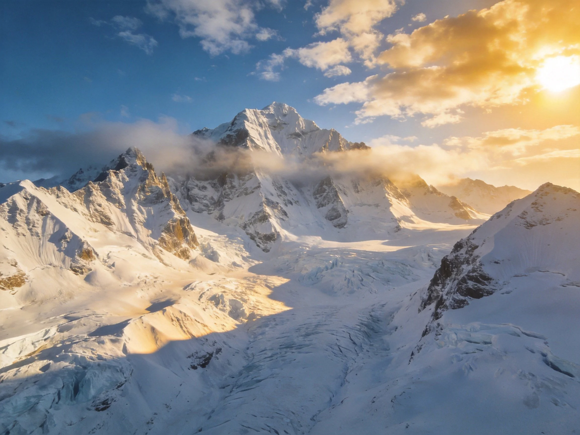 Golden Sunlight Illuminates Snow-Capped Mountain Peaks and Glaciers