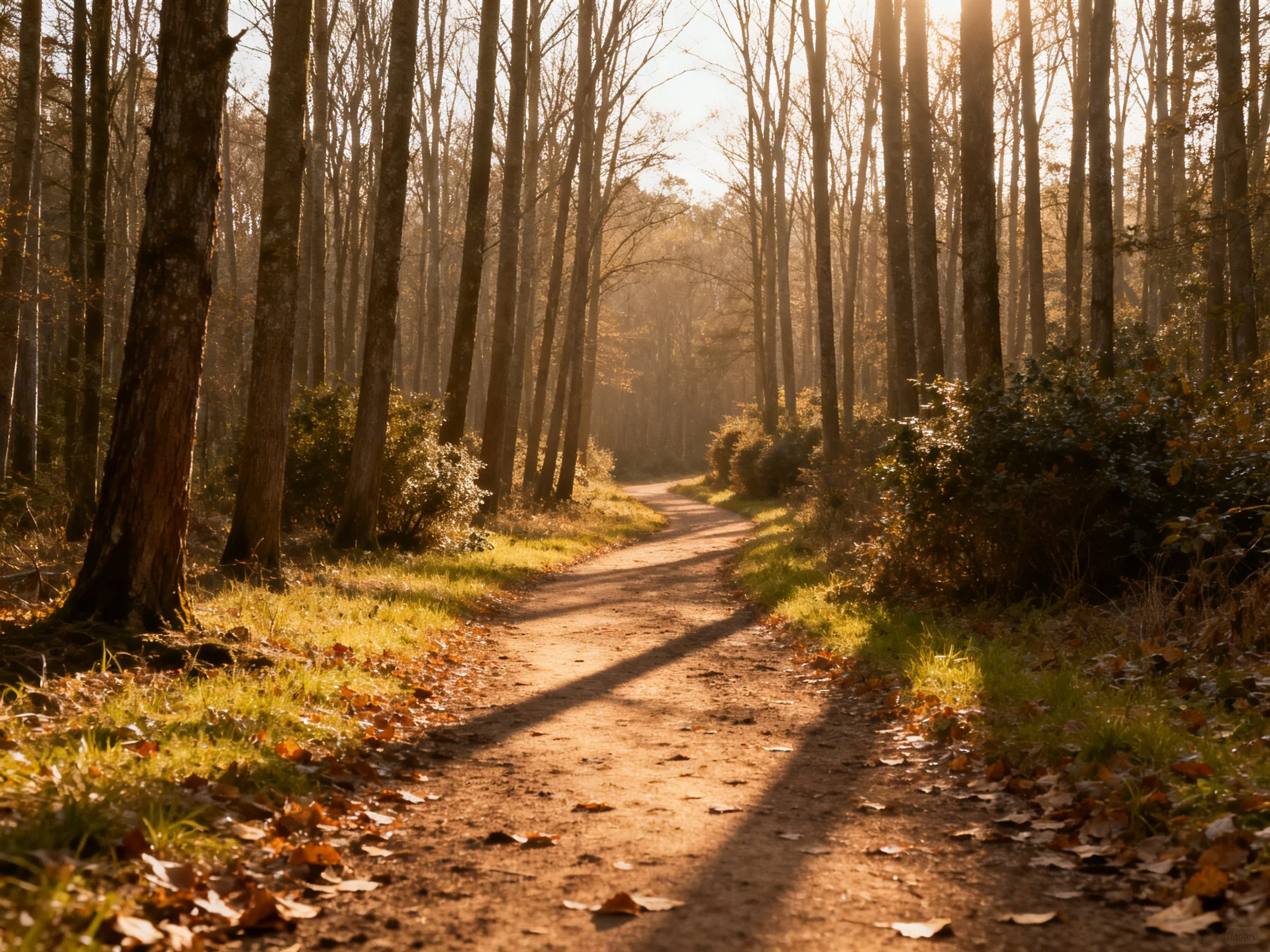 Golden Sunlight on Forest Path Through Tall Trees