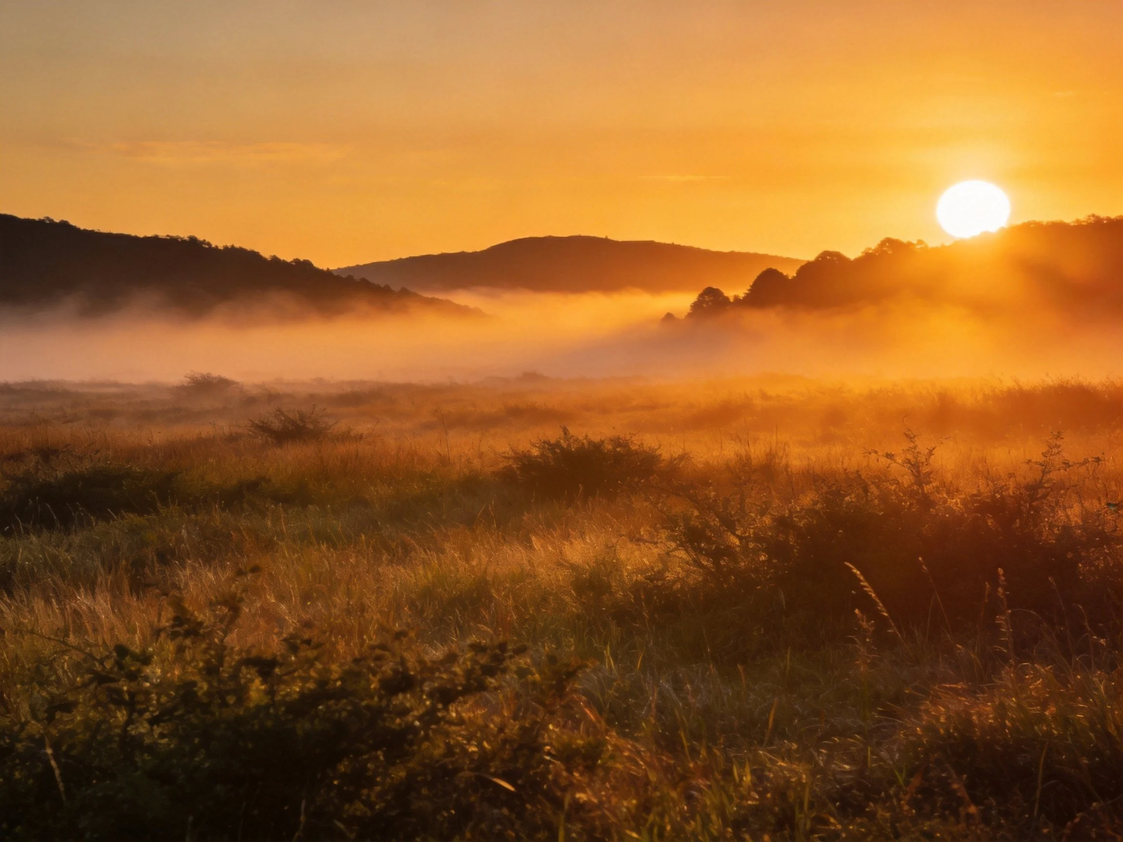 Golden Sunrise Lights Misty Field Near Rolling Hills