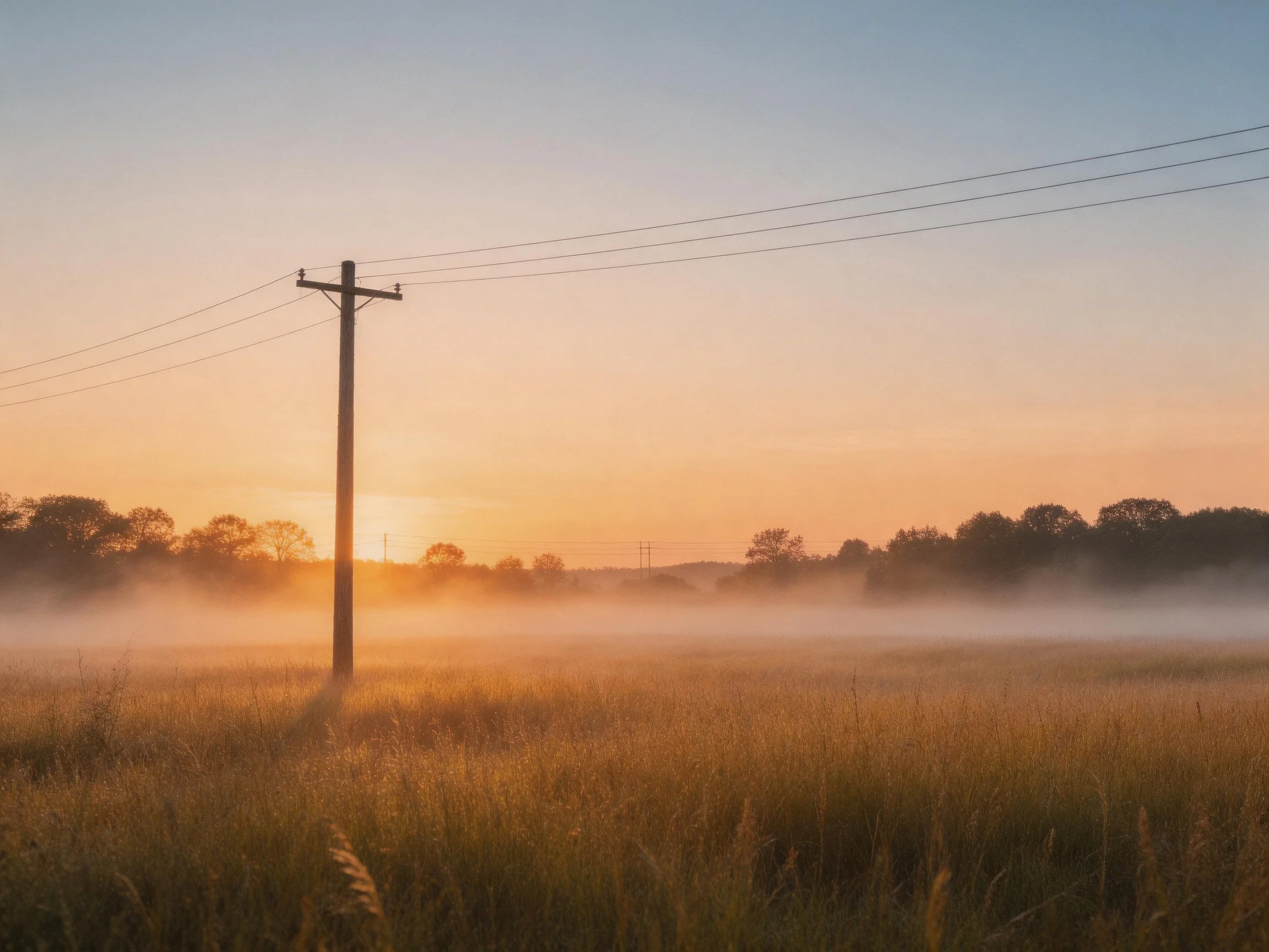 Golden Sunrise Over Misty Field with Telephone Pole