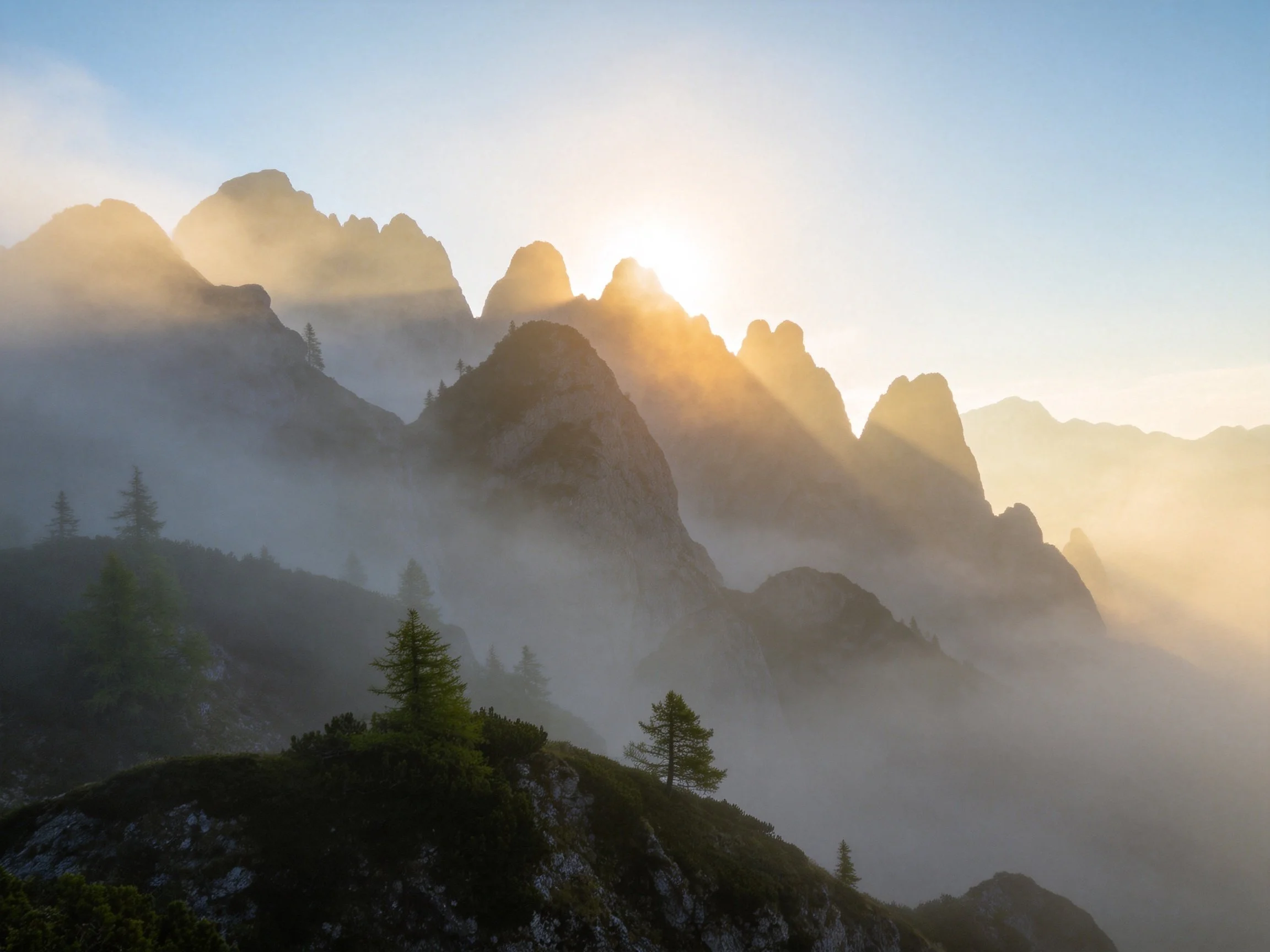 Golden Sunrise Through Mist-Covered Mountain Peaks