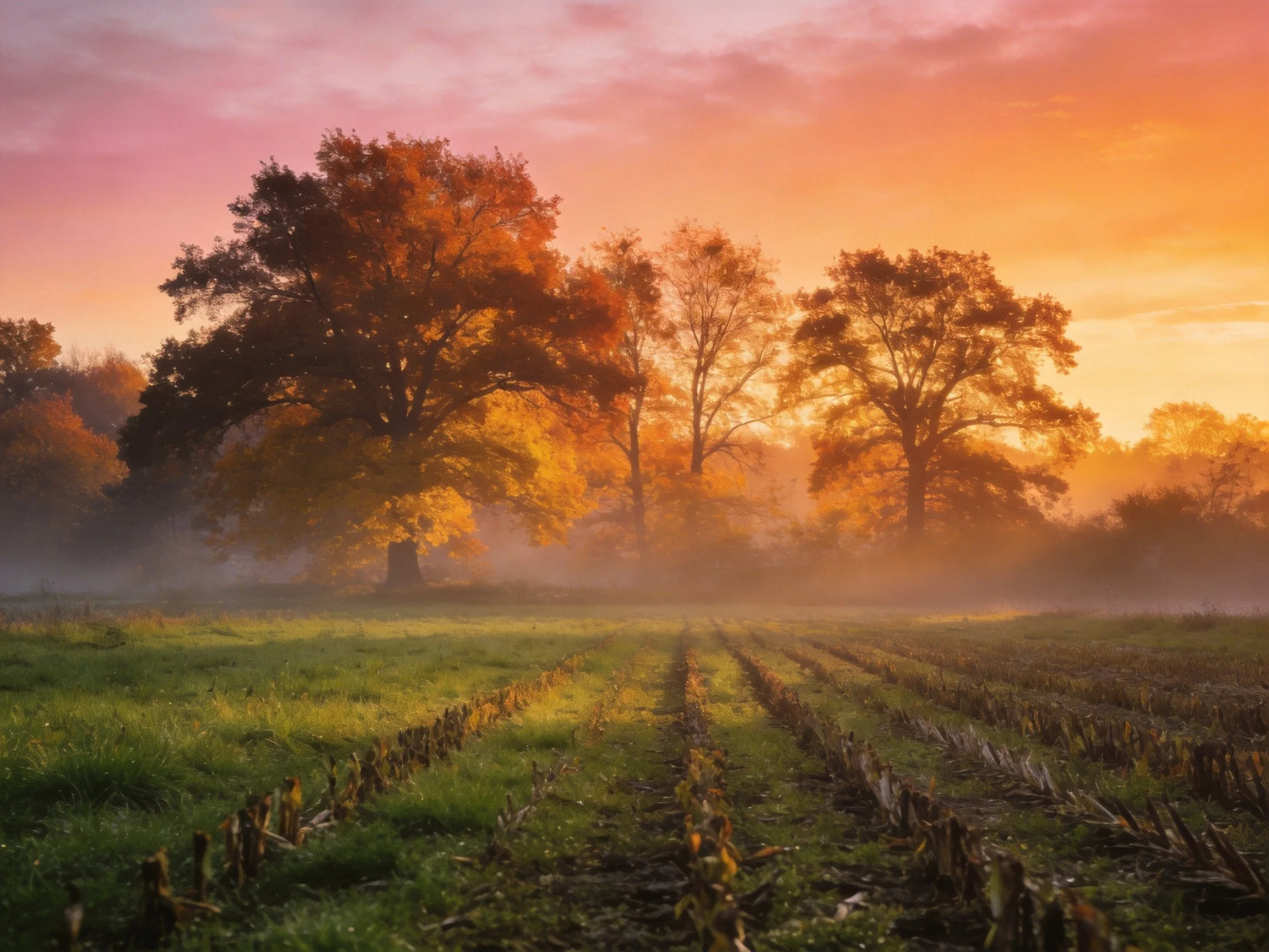 Golden Sunset Illuminates Autumn Trees Over Misty Farmland