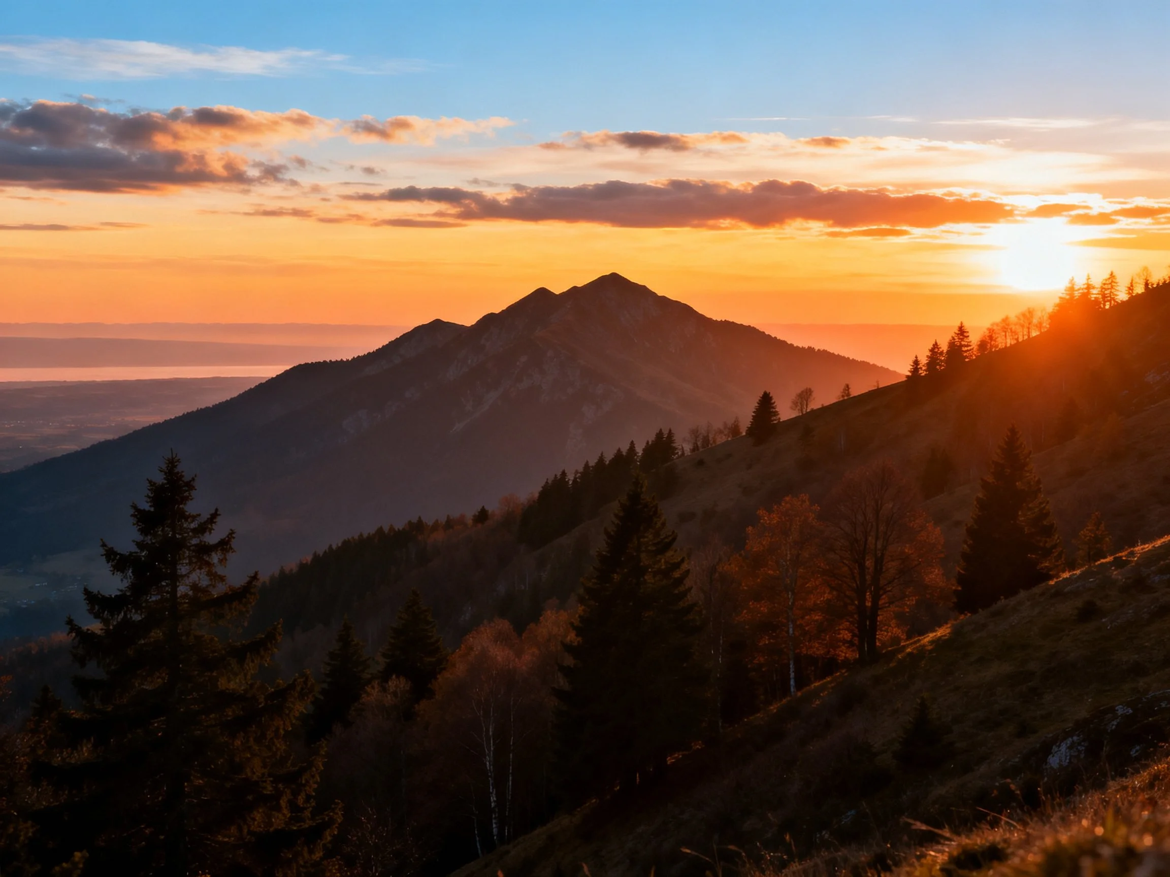 Golden Sunset Illuminates Forested Mountain Peaks