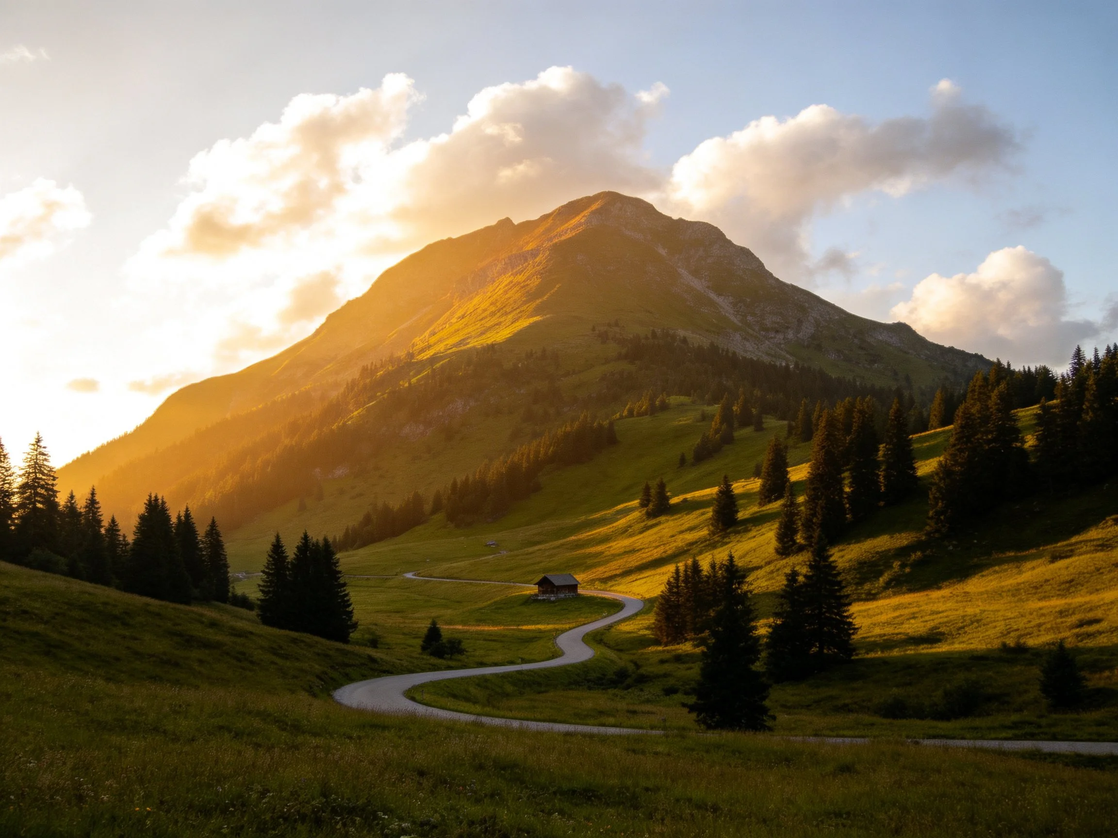 Golden Sunset Illuminates Lush Mountainous Terrain
