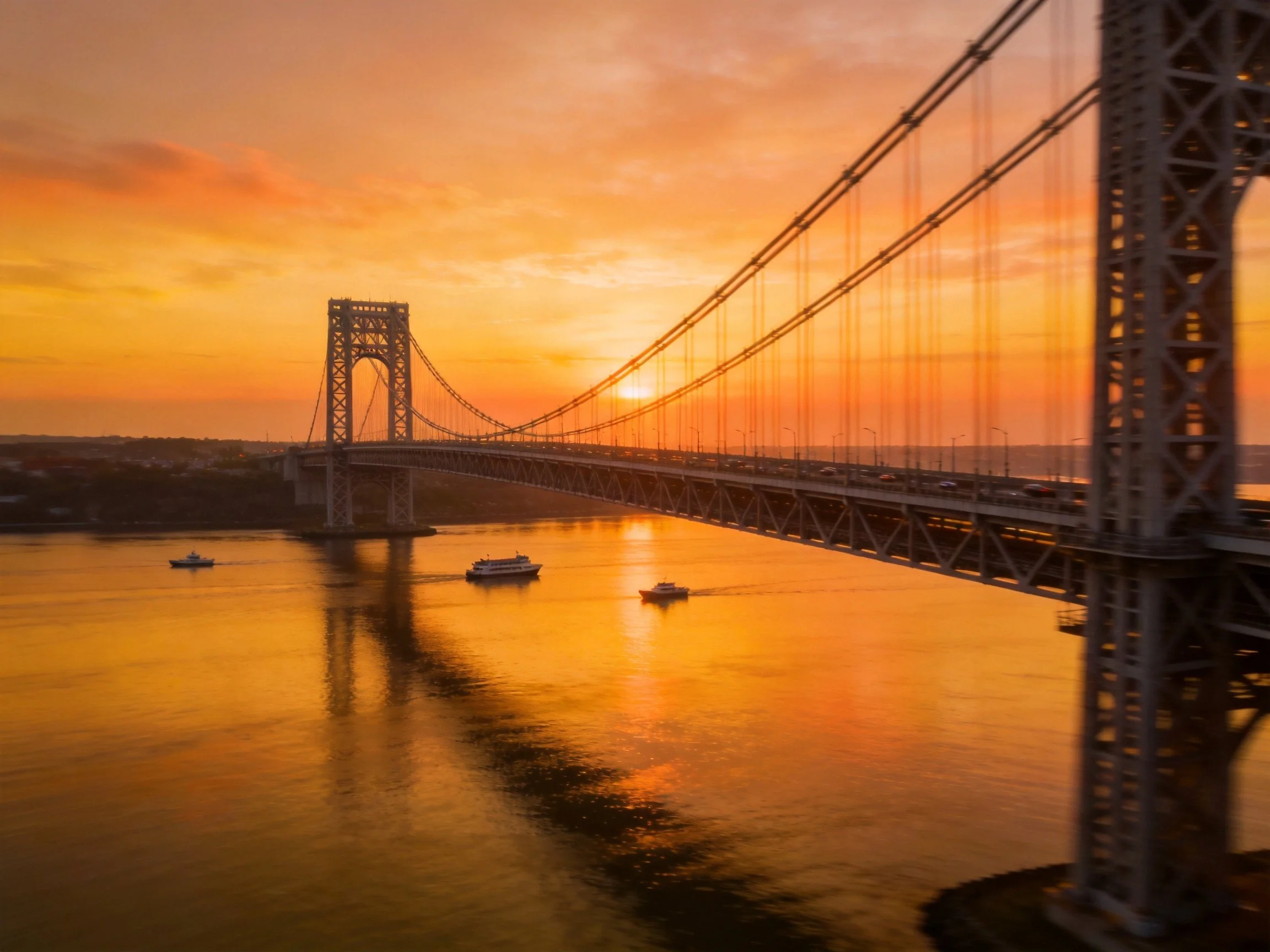 Golden Sunset Illuminates Suspension Bridge With Boats