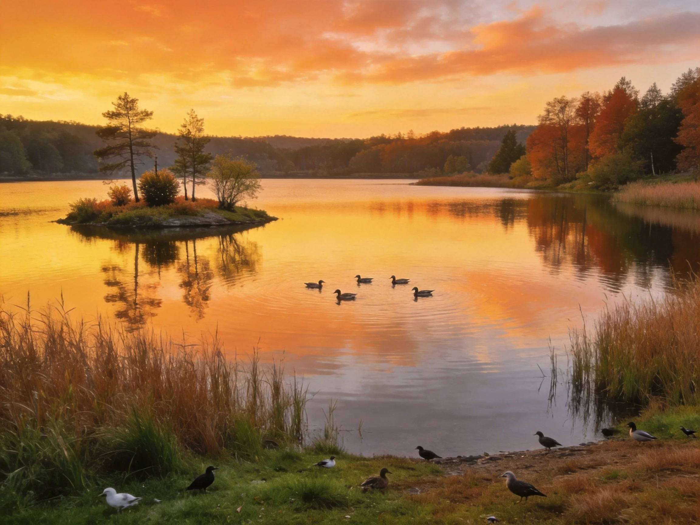 Golden Sunset Lake with Ducks and Autumn Landscape