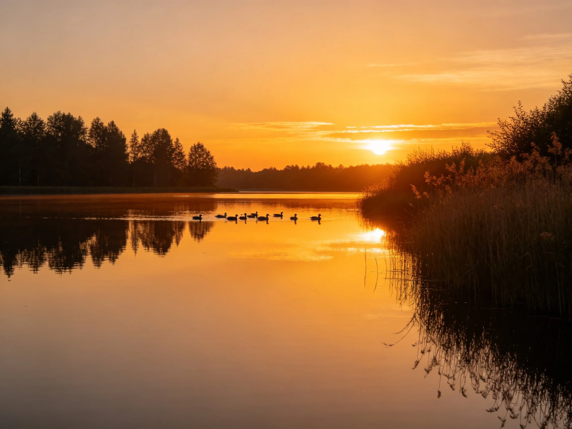 Golden Sunset Over Calm Lake With Duck Silhouettes