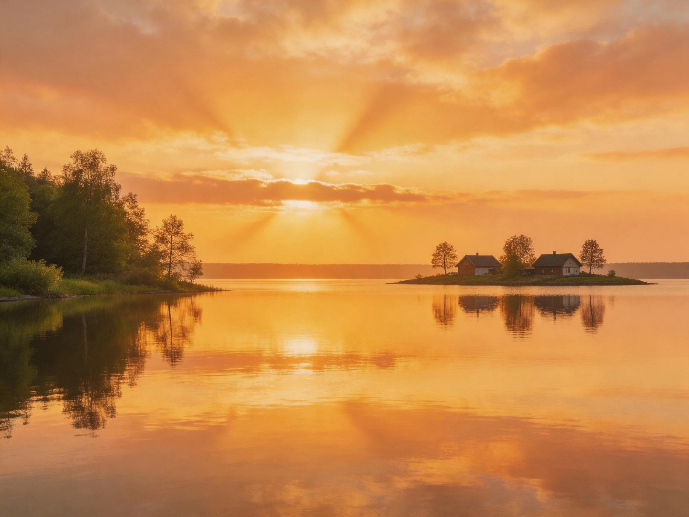 Golden Sunset Over Calm Lake With Island Homes