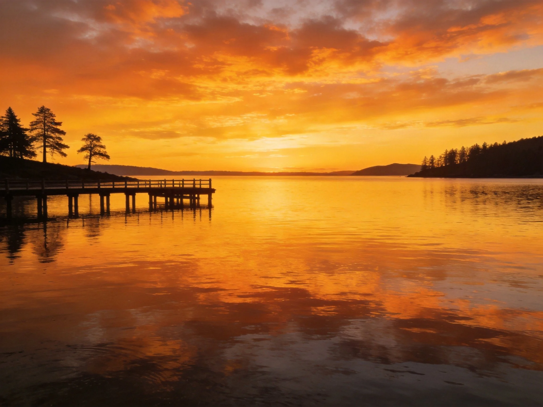 Golden Sunset Over Calm Lake With Wooden Pier