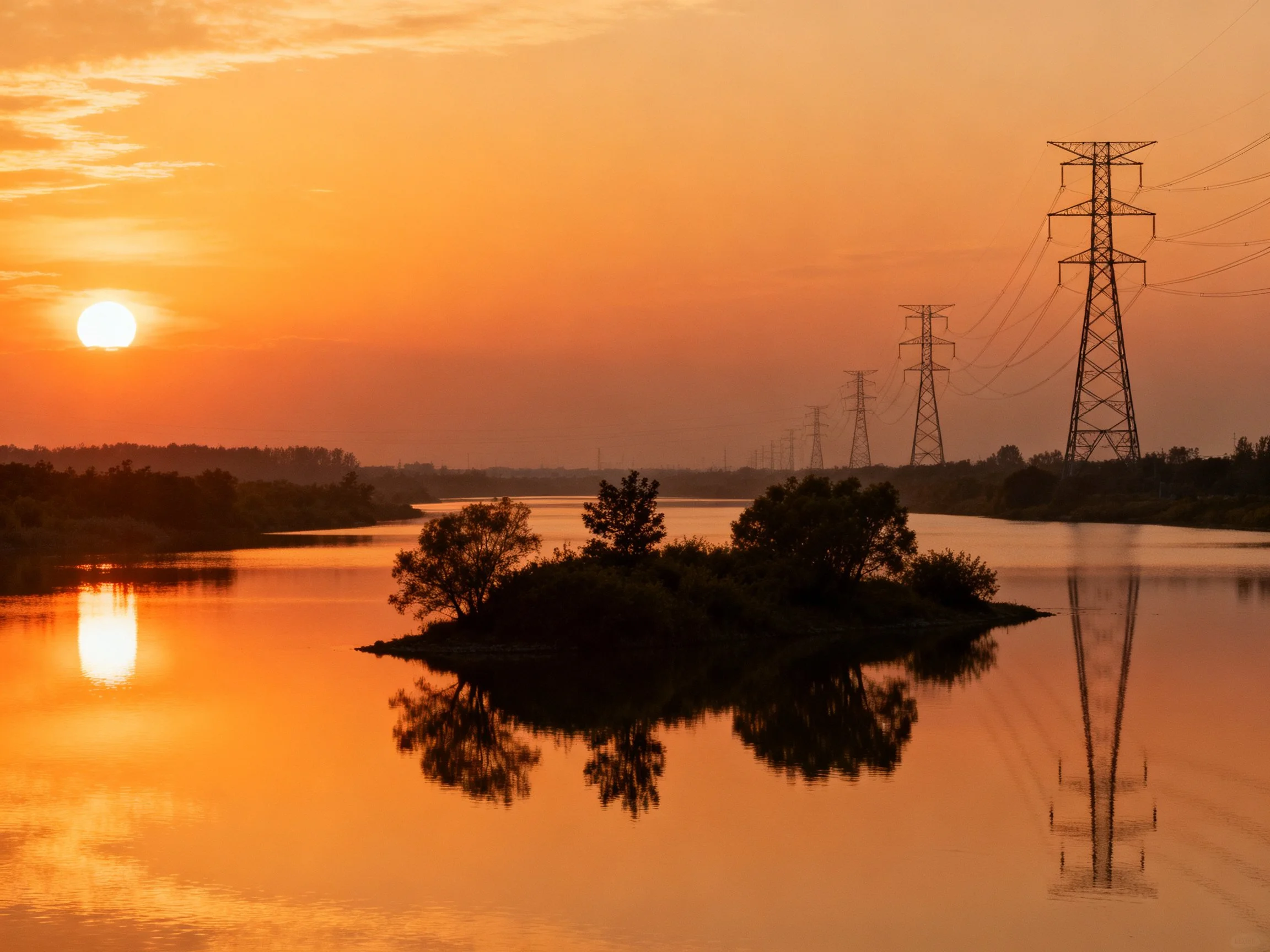 Golden Sunset Over Calm River With Power Towers and Tree Island