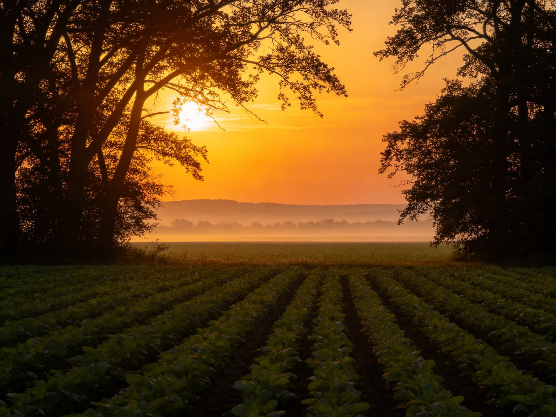 Golden Sunset Over Crop Rows Between Silhouetted Trees