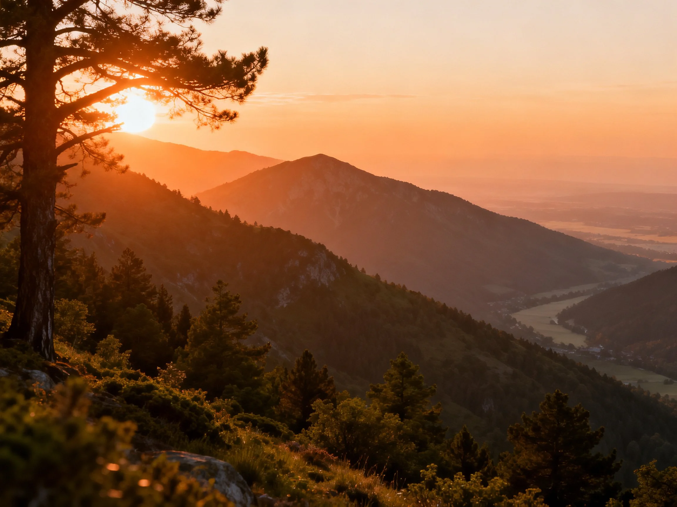 Golden Sunset Over Forested Mountain Range With Valley Below