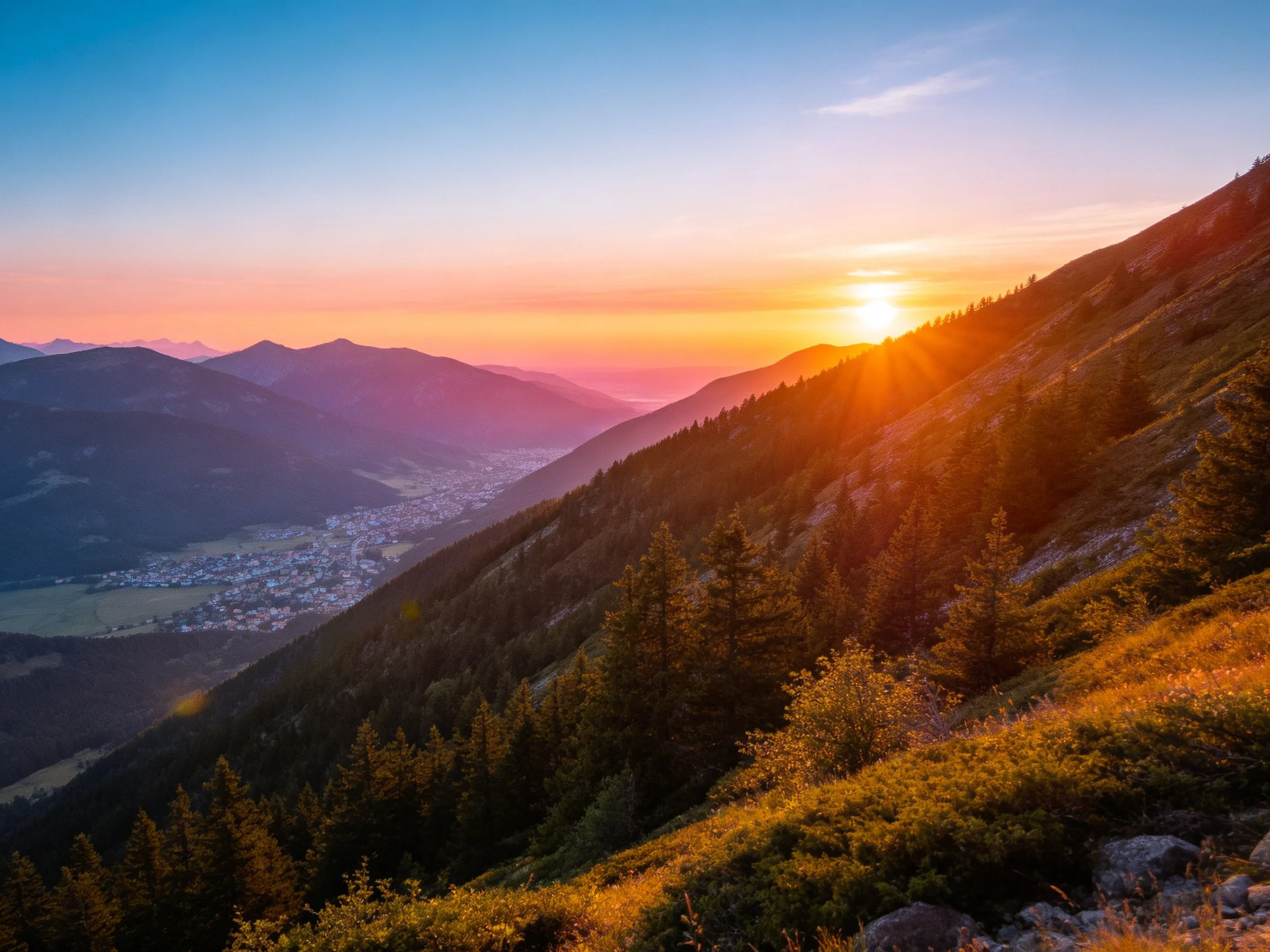 Golden Sunset Over Forested Mountain Slopes and Valley Town