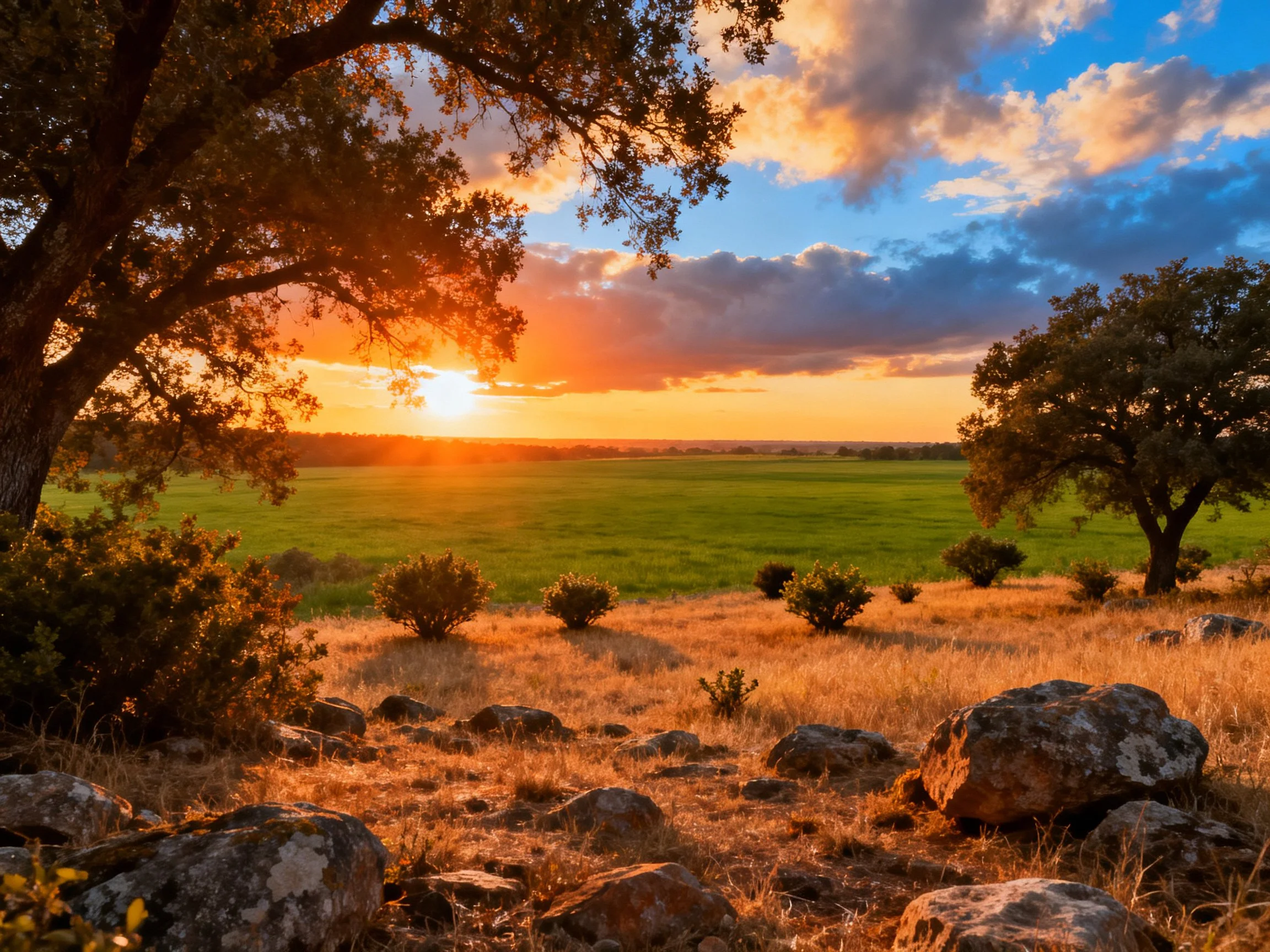 Golden Sunset Over Lush Green Field, Trees, and Rocks