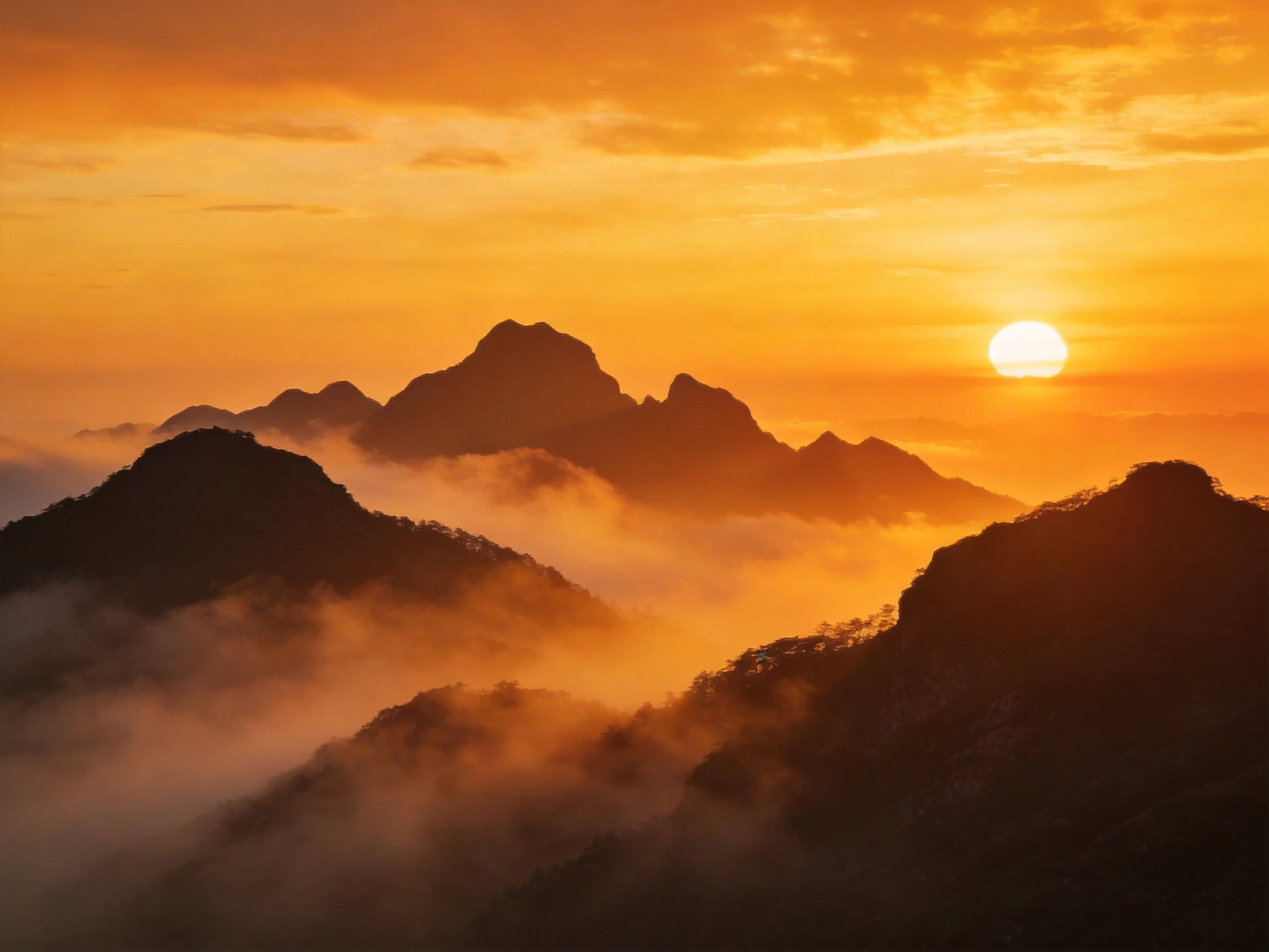Golden Sunset Over Mist-Covered Mountain Peaks
