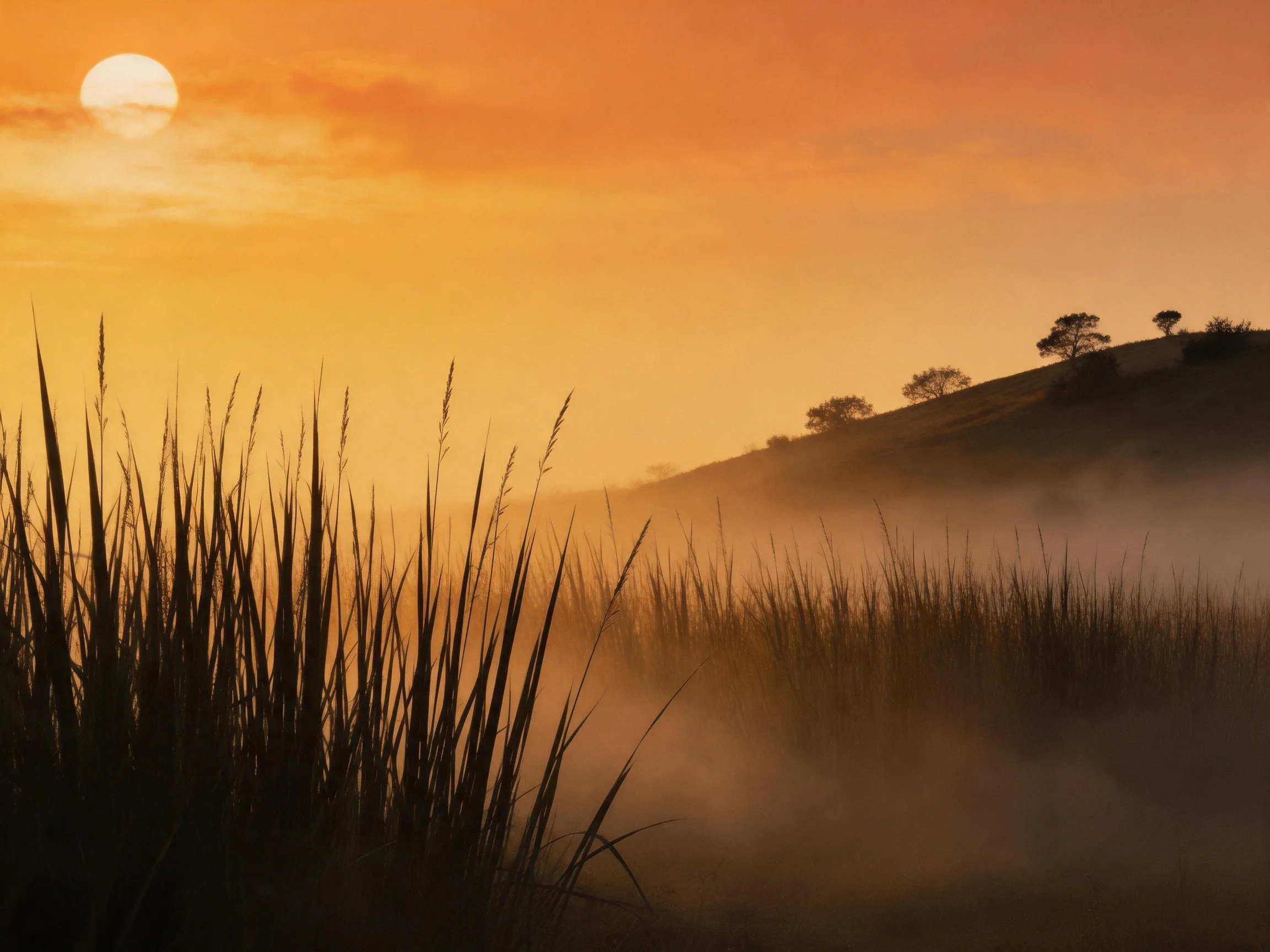 Golden Sunset Over Misty Grassland with Rolling Hills