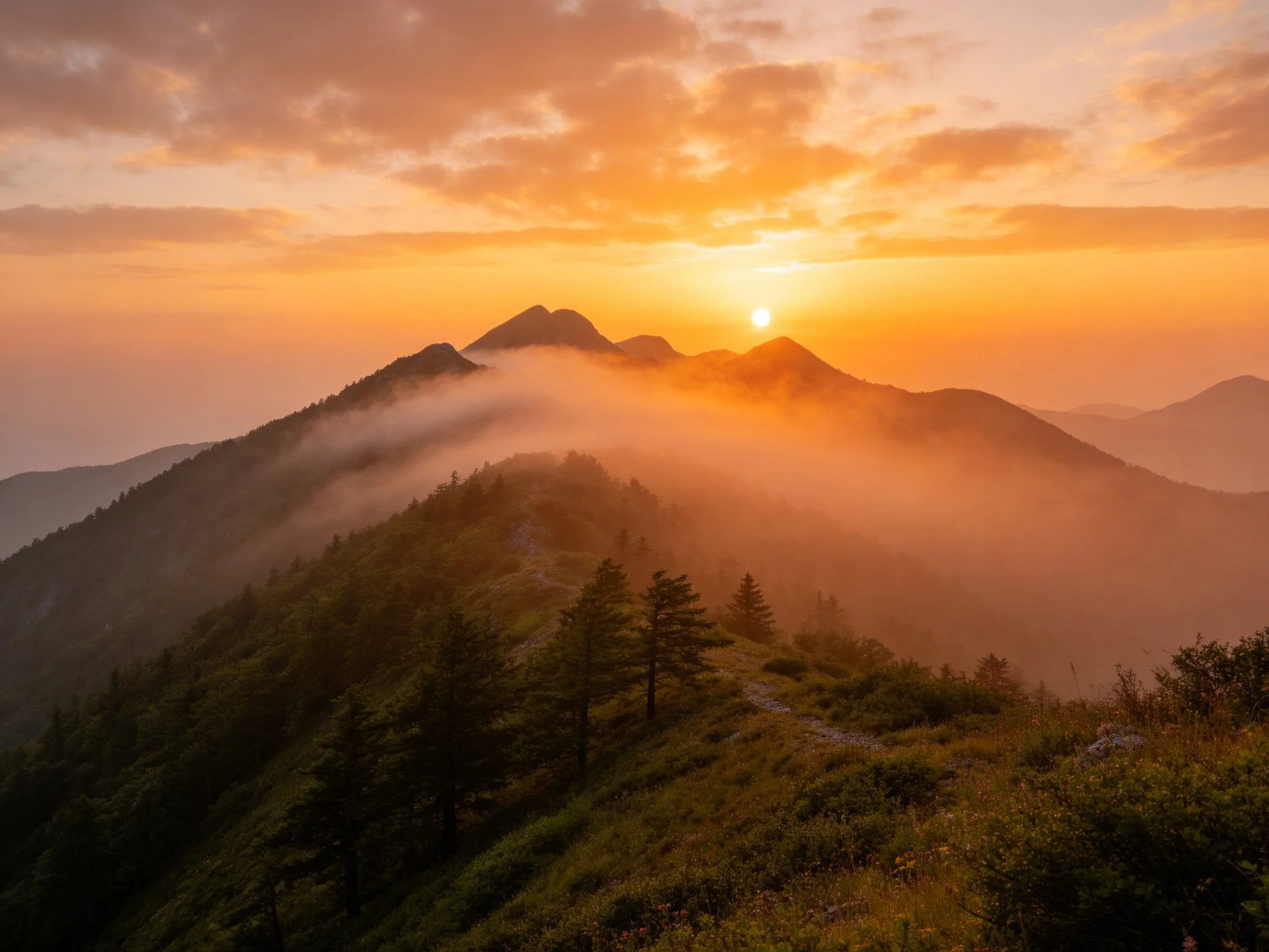 Golden Sunset Over Misty Mountain Peaks with Lush Vegetation