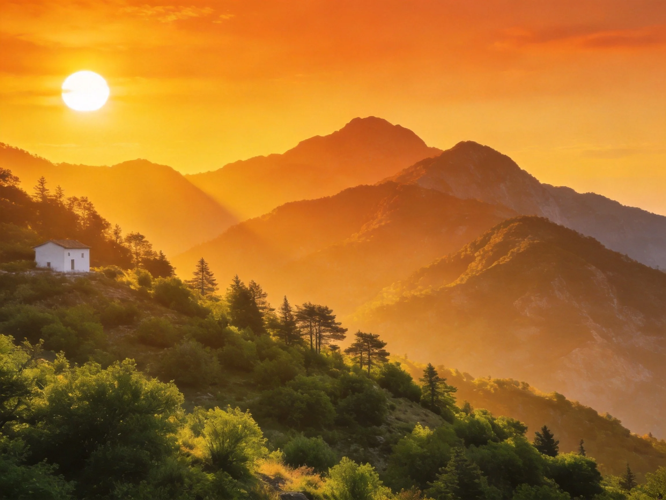 Golden Sunset Over Mountain Peaks With White House