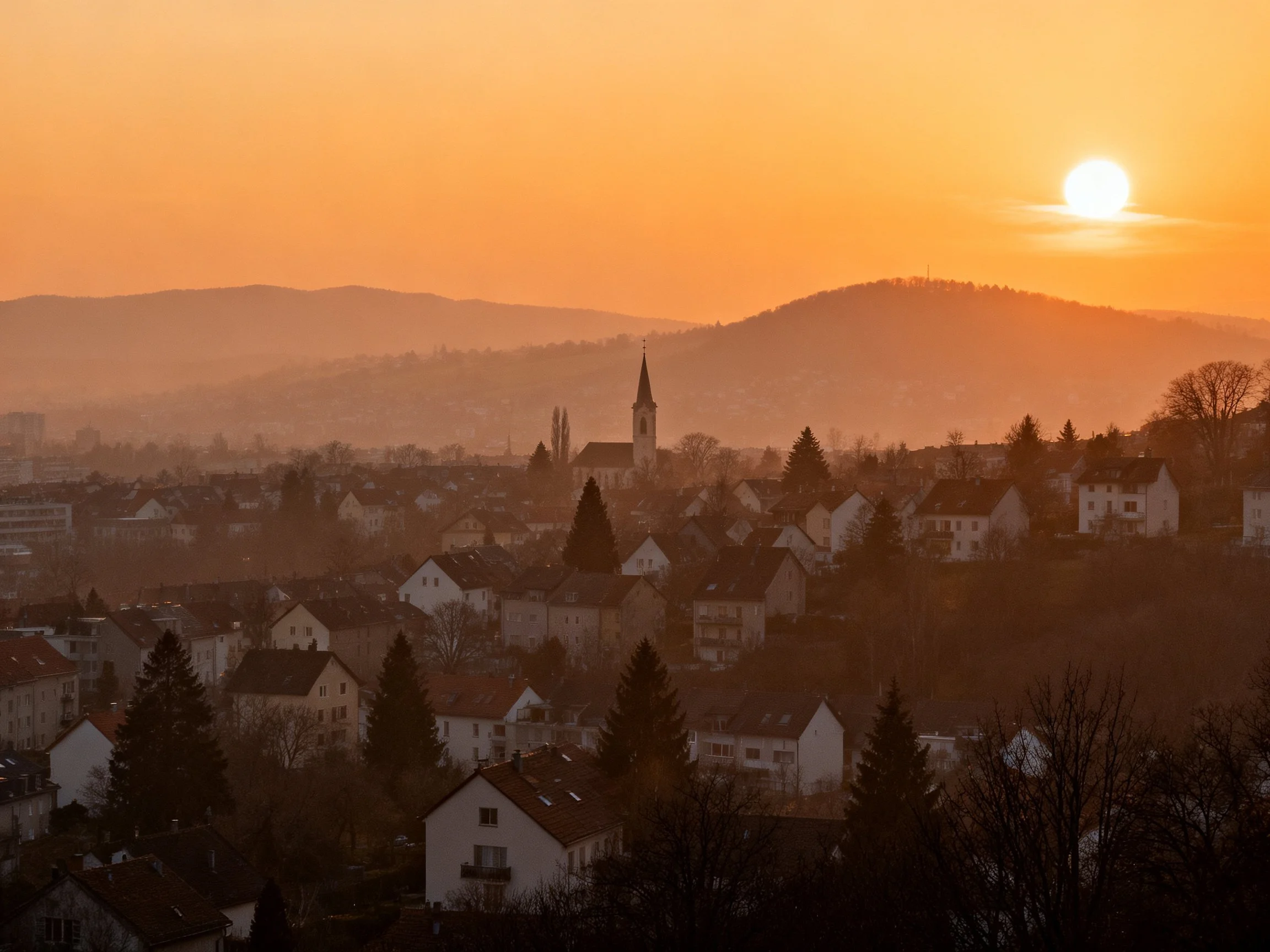 Golden Sunset Over Quaint Village with Church Tower