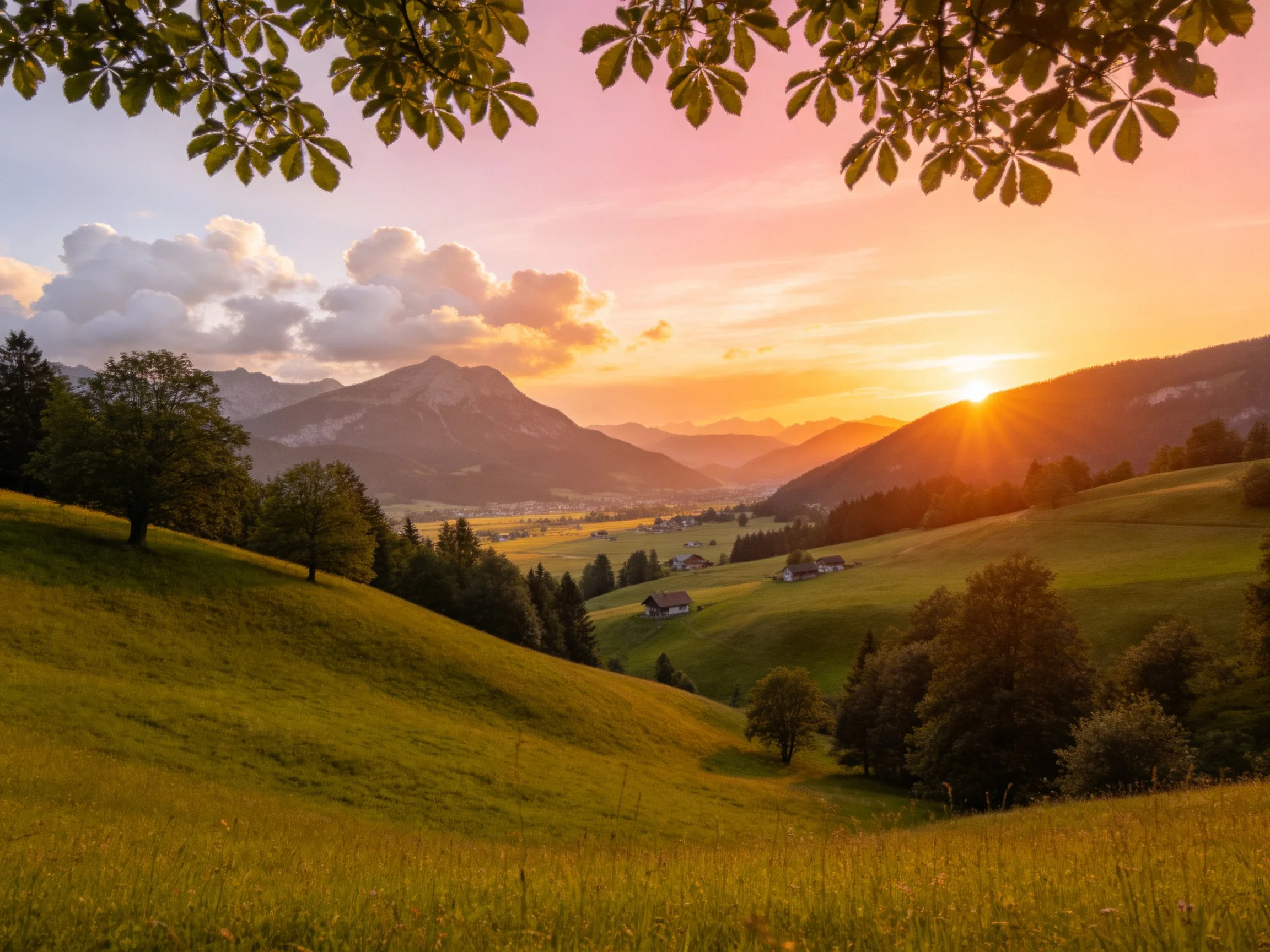Golden Sunset Over Rolling Green Hills and Mountain Range